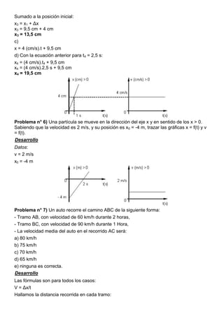 Sumado a la posición inicial:
x3 = x1 + Δx
x3 = 9,5 cm + 4 cm
x3 = 13,5 cm
c)
x = 4 (cm/s).t + 9,5 cm
d) Con la ecuación anterior para t4 = 2,5 s:
x4 = (4 cm/s).t4 + 9,5 cm
x4 = (4 cm/s).2,5 s + 9,5 cm
x4 = 19,5 cm
Problema n° 6) Una partícula se mueve en la dirección del eje x y en sentido de los x > 0.
Sabiendo que la velocidad es 2 m/s, y su posición es x0 = -4 m, trazar las gráficas x = f(t) y v
= f(t).
Desarrollo
Datos:
v = 2 m/s
x0 = -4 m
Problema n° 7) Un auto recorre el camino ABC de la siguiente forma:
- Tramo AB, con velocidad de 60 km/h durante 2 horas,
- Tramo BC, con velocidad de 90 km/h durante 1 Hora,
- La velocidad media del auto en el recorrido AC será:
a) 80 km/h
b) 75 km/h
c) 70 km/h
d) 65 km/h
e) ninguna es correcta.
Desarrollo
Las fórmulas son para todos los casos:
V = Δx/t
Hallamos la distancia recorrida en cada tramo:
 