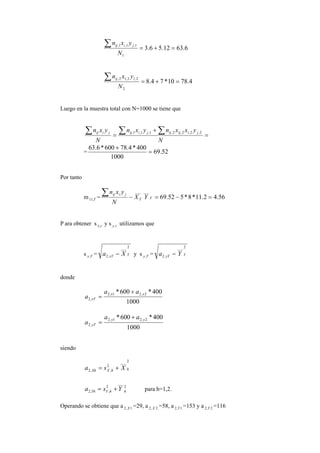 6.6312.56.3
1
1,1,1,
=+=
∑
N
yxn jiij
4.7810*74.8
2
2,2,12,
=+=
∑
N
yxn lij
Luego en la muestra total con N=1000 se tiene que
=
+
=
∑ ∑∑
N
yxxnyxn
N
yxn jiijijjiijjiij 2,2,2,2,1,1,1,
= 52.69
1000
400*4.78600*6.63
=
+
Por tanto
m T,11 = 56.42.11*8*552.69
______
=−=−
∑ TT
jiij
YX
N
yxn
P ara obtener s tx, y s ty, utilizamos que
s Tx, =
2___
,2 TxT Xa − y s Ty, =
2___
,2 TyT Ya −
donde
1000
400*600* 2,21,2
,2
xx
xT
aa
a
+
=
1000
400*600* 2,21,2
,2
yy
yT
aa
a
+
=
siendo
2___
2
,,2 hhXXh Xsa +=
2
___
2
,,2 hhYYh Ysa += para h=1,2.
Operando se obtiene que a 1,2 X =29, a 2,2 X =58, a 1,2 Y =153 y a 2,2 Y =116
 