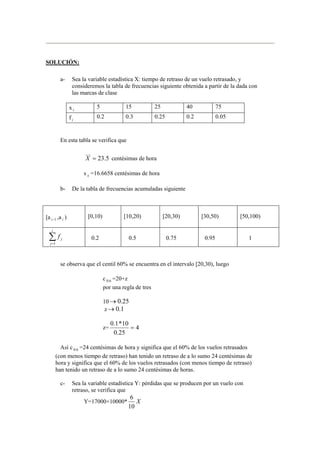 SOLUCIÓN:
a- Sea la variable estadística X: tiempo de retraso de un vuelo retrasado, y
consideremos la tabla de frecuencias siguiente obtenida a partir de la dada con
las marcas de clase
x i
5 15 25 40 75
f i
0.2 0.3 0.25 0.2 0.05
En esta tabla se verifica que
5.23
___
=X centésimas de hora
s x =16.6658 centésimas de hora
b- De la tabla de frecuencias acumuladas siguiente
[a 1−i ,a i ) [0,10) [10,20) [20,30) [30,50) [50,100)
∑=
i
j
jf
1
0.2 0.5 0.75 0.95 1
se observa que el centil 60% se encuentra en el intervalo [20,30), luego
c 6.0 =20+z
por una regla de tres
10 25.0→
z 1.0→
z= 4
25.0
10*1.0
=
Así c 6.0 =24 centésimas de hora y significa que el 60% de los vuelos retrasados
(con menos tiempo de retraso) han tenido un retraso de a lo sumo 24 centésimas de
hora y significa que el 60% de los vuelos retrasados (con menos tiempo de retraso)
han tenido un retraso de a lo sumo 24 centésimas de horas.
c- Sea la variable estadística Y: pérdidas que se producen por un vuelo con
retraso, se verifica que
Y=17000+10000* X
10
6
 
