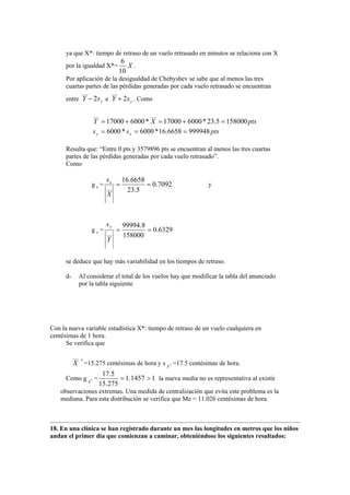 ya que X*: tiempo de retraso de un vuelo retrasado en minutos se relaciona con X
por la igualdad X*= X
10
6
.
Por aplicación de la desigualdad de Chebyshev se sabe que al menos las tres
cuartas partes de las pérdidas generadas por cada vuelo retrasado se encuentran
entre ysY 2
___
− e ysY 2
___
+ . Como
ptsXY 1580005.23*600017000*600017000
______
=+=+=
ptsss xy 9999486658.16*6000*6000 ===
Resulta que: “Entre 0 pts y 3579896 pts se encuentran al menos las tres cuartas
partes de las pérdidas generadas por cada vuelo retrasado”.
Como
g x = 7092.0
5.23
6658.16
___
==
X
sx
y
g y = 6329.0
158000
8.99994
___
==
Y
sy
se deduce que hay más variabilidad en los tiempos de retraso.
d- Al considerar el total de los vuelos hay que modificar la tabla del anunciado
por la tabla siguiente
Con la nueva variable estadística X*: tiempo de retraso de un vuelo cualquiera en
centésimas de 1 hora.
Se verifica que
___
X *
=15.275 centésimas de hora y s *
X
=17.5 centésimas de hora.
Como g *
X
= 11457.1
275.15
5.17
>= la nueva media no es representativa al existir
observaciones extremas. Una medida de centralización que evita este problema es la
mediana. Para esta distribución se verifica que Me = 11.026 centésimas de hora.
18. En una clínica se han registrado durante un mes las longitudes en metros que los niños
andan el primer día que comienzan a caminar, obteniéndose los siguientes resultados:
 