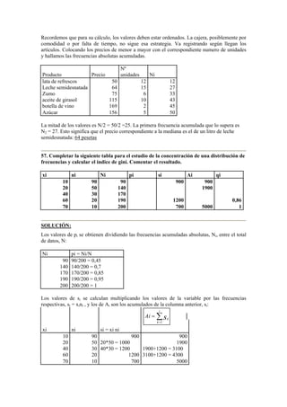 Recordemos que para su cálculo, los valores deben estar ordenados. La cajera, posiblemente por
comodidad o por falta de tiempo, no sigue esa estrategia. Va registrando según llegan los
artículos. Colocando los precios de menor a mayor con el correspondiente numero de unidades
y hallamos las frecuencias absolutas acumuladas.
Producto Precio
Nº
unidades Ni
lata de refrescos 50 12 12
Leche semidesnatada 64 15 27
Zumo 75 6 33
aceite de girasol 115 10 43
botella de vino 169 2 45
Azúcar 156 5 50
La mitad de los valores es N/2 = 50/2 =25. La primera frecuencia acumulada que lo supera es
N2 = 27. Esto significa que el precio correspondiente a la mediana es el de un litro de leche
semidesnatada: 64 pesetas
57. Completar la siguiente tabla para el estudio de la concentración de una distribución de
frecuencias y calcular el indice de gini. Comentar el resultado.
xi ni Ni pi si Ai qi
10 90 90 900 900
20 50 140 1900
40 30 170
60 20 190 1200 0,86
70 10 200 700 5000 1
SOLUCIÓN:
Los valores de pi se obtienen dividiendo las frecuencias acumuladas absolutas, Ni, entre el total
de datos, N:
Ni pi = Ni/N
90 90/200 = 0,45
140 140/200 = 0,7
170 170/200 = 0,85
190 190/200 = 0,95
200 200/200 = 1
Los valores de si se calculan multiplicando los valores de la variable por las frecuencias
respectivas, si = xini , y los de Ai son los acumulados de la columna anterior, si:
xi ni si = xi ni
10 90 900 900
20 50 20*50 = 1000 1900
40 30 40*30 = 1200 1900+1200 = 3100
60 20 1200 3100+1200 = 4300
70 10 700 5000
∑=
=
i
k
ksAi
1
 