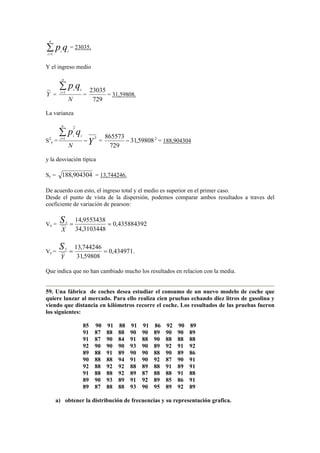∑=
n
i
ii
qp
1
= 23035,
Y el ingreso medio
Y =
N
n
i
ii
qp∑=1
=
729
23035
= 31,59808.
La varianza
S2
y = Y
qp
N
n
i
ii 21
2
−
∑=
= 59808,31
729
865573
− 2
= 188,904304
y la desviación típica
Sy = 904304,188 = 13,744246.
De acuerdo con esto, el ingreso total y el medio es superior en el primer caso.
Desde el punto de vista de la dispersión, podemos comparar ambos resultados a traves del
coeficiente de variación de pearson:
Vx = 435884392,0
3103448,34
9553438,14
==
X
Sx
Vy = .434971,0
59808,31
744246,13
==
Y
Sy
Que indica que no han cambiado mucho los resultados en relacion con la media.
59. Una fábrica de coches desea estudiar el consumo de un nuevo modelo de coche que
quiere lanzar al mercado. Para ello realiza cien pruebas echando diez litros de gasolina y
viendo que distancia en kilómetros recorre el coche. Los resultados de las pruebas fueron
los siguientes:
85 90 91 88 91 91 86 92 90 89
91 87 88 88 90 90 89 90 90 89
91 87 90 84 91 88 90 88 88 88
92 90 90 90 93 90 89 92 91 92
89 88 91 89 90 90 88 90 89 86
90 88 88 94 91 90 92 87 90 91
92 88 92 92 88 89 88 91 89 91
91 88 88 92 89 87 88 88 91 88
89 90 93 89 91 92 89 85 86 91
89 87 88 88 93 90 95 89 92 89
a) obtener la distribución de frecuencias y su representación grafica.
 
