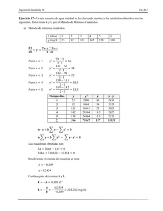 Ingeniería Sanitaria IV Civ-341
Ejercicio 17.- En una muestra de agua residual se ha efectuado pruebas y los resultados obtenidos son los
siguientes. Determinar k y L por el Método de Mínimos Cuadrados.
a) Método de mínimos cuadrados
t (días) 1 2 3 4 5 6
y (mg/lt 53 92 121 142 158 169
𝒅𝒚
𝒅𝒕
= 𝒚,
=
𝒚𝒏+𝟏 − 𝒚𝒏−𝟏
𝟐 ∙ ∆𝒕
𝑃𝑎𝑟𝑎 𝑛 = 1 𝑦′
=
92 − 0
2 ∙ 1
= 46
𝑃𝑎𝑟𝑎 𝑛 = 2 𝑦′
=
121 − 53
2 ∙ 1
= 34
𝑃𝑎𝑟𝑎 𝑛 = 3 𝑦′
=
142 − 92
2 ∙ 1
= 25
𝑃𝑎𝑟𝑎 𝑛 = 4 𝑦′
=
158 − 121
2 ∙ 1
= 18.5
𝑃𝑎𝑟𝑎 𝑛 = 5 𝑦′
=
169 − 142
2 ∙ 1
= 13.5
Tiempo días 𝒚 𝒚𝟐 𝒚,
𝒚 ∙ 𝒚,
1 53 2809 46 2434
2 92 8464 34 3128
3 121 14641 25 3025
4 142 20164 18.5 2627
5 158 24964 13.5 2133
∑ 566 71042 137 13351
𝒏 ∙ 𝒂 + 𝒃 ∑ 𝒚 − ∑ 𝒚′
= 𝟎
𝒂 ∑ 𝒚 + 𝒃 ∑ 𝒚𝟐
− ∑ 𝒚 ∙ 𝒚′ = 𝟎
Las ecuaciones obtenidas son:
5𝑎 + 566𝑏 − 137 = 0
566𝑎 + 71042𝑏 − 13351 = 0
Resolviendo el sistema de ecuación se tiene
𝑏 = −0.309
a = 62.434
Cambios para determinar k y L.
𝒌 = −𝒃 = 0.309 𝑑−1
𝑳 = −
𝒂
𝒃
= −
62.434
−0.309
= 202.052 𝑚𝑔/𝑙𝑡
 