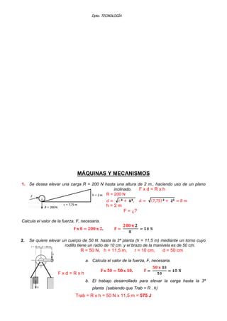 Dpto. TECNOLOGÍA
MÁQUINAS Y MECANISMOS
1. Se desea elevar una carga R = 200 N hasta una altura de 2 m., haciendo uso de un plano
inclinado. F x d = R x h
R = 200 N
h = 2 m
F = ¿?
Calcula el valor de la fuerza, F, necesaria.
2. Se quiere elevar un cuerpo de 50 N. hasta la 3ª planta (h = 11,5 m) mediante un torno cuyo
rodillo tiene un radio de 10 cm. y el brazo de la manivela es de 50 cm.
R = 50 N, h = 11,5 m, r = 10 cm, d = 50 cm
a. Calcula el valor de la fuerza, F, necesaria.
F x d = R x h
b. El trabajo desarrollado para elevar la carga hasta la 3ª
planta (sabiendo que Trab = R . h)
Trab = R x h = 50 N x 11,5 m = 575 J
 