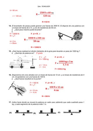 Dpto. TECNOLOGÍA
d = 60 cm.
r = 120 cm
R =125 N
14. El levantador de pesas puede generar una fuerza de 3000 N. Si dispone de una palanca con
un brazo de fuerza de 2 m. y uno de resistencia de 50 cm.
a. ¿Qué peso máximo podrá levantar?
b.
F = 3000 N F .d = R . r
R = ¿?
d = 2 m.
r = 50cm
R = 12000 N
15. ¿Qué fuerza realizará el cilindro hidráulico de la grúa para levantar un peso de 1000 kg.?
a. ¿Qué tipo de palanca es? 3º grado
F = ¿? F .d = R . r
R = 1000 kg
d = 1,5 m
r = 5 m
F = 3333,3 kg
16. Disponemos de unos alicates con un brazo de fuerza de 12 cm. y un brazo de resistencia de 4
cm. Si apretamos con una fuerza de 100 N.
a. ¿Qué fuerza resultará en la punta?
F = 100 N F .d = R . r
R = ¿?
d = 12 cm.
r = 4 cm
R = 300 N
17. Indica hacia donde se moverá la palanca en cada caso sabiendo que cada cuadrado pesa 1
kg. y cada segmento de la palanca mide 1 m.
 
