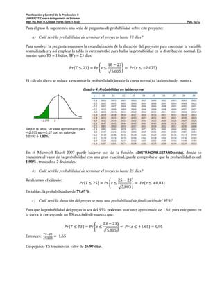 Planificación y Control de la Producción II
UMSS FCYT Carrera de Ingeniería de Sistemas
Mgr. Ing. Alex D. Choque Flores (Sem. I-2012) Pub. 02/12
Para el paso 4, suponemos una serie de preguntas de probabilidad sobre este proyecto:
a) Cuál será la probabilidad de terminar el proyecto hasta 18 días?
Para resolver la pregunta usaremos la estandarización de la duración del proyecto para encontrar la variable
normalizada z y así emplear la tabla (u otro método) para hallar la probabilidad en la distribución normal. En
nuestro caso TS = 18 días, TPy = 23 días.
ܲ‫ݎ‬ሼܶ ≤ 23ሽ = Pr ቊ‫ݖ‬ ≤
18 − 23
ඥ5,805
ቋ = ܲ‫ݎ‬ሼ‫ݖ‬ ≤ −2,075ሽ
El cálculo ahora se reduce a encontrar la probabilidad (área de la curva normal) a la derecha del punto z.
Cuadro 4: Probabilidad en tabla normal
—2,075 0
Según la tabla, un valor aproximado para
—2,075 es —2,07 con un valor de
0,0192 ó 1,92%.
En el Microsoft Excel 2007 puede hacerse uso de la función =DISTR.NORM.ESTAND(celda), donde se
encuentra el valor de la probabilidad con una gran exactitud, puede comprobarse que la probabilidad es del
1,90%, truncado a 2 decimales.
b) Cuál será la probabilidad de terminar el proyecto hasta 25 días?
Realizamos el cálculo:
ܲ‫ݎ‬ሼܶ ≤ 25ሽ = Pr ቊ‫ݖ‬ ≤
25 − 23
ඥ5,805
ቋ = ܲ‫ݎ‬ሼ‫ݖ‬ ≤ +0,83ሽ
En tablas, la probabilidad es de 79,67%.
c) Cuál será la duración del proyecto para una probabilidad de finalización del 95%?
Para que la probabilidad del proyecto sea del 95% podemos usar un z aproximado de 1,65; para este punto en
la curva le corresponde un TS asociado de manera que:
ܲ‫ݎ‬ሼܶ ≤ ܶܵሽ = Pr ቊ‫ݖ‬ ≤
ܶܵ − 23
ඥ5,805
ቋ = ܲ‫ݎ‬ሼ‫ݖ‬ ≤ +1,65ሽ = 0,95
Entonces:
்ௌିଶଷ
√ହ,଼଴ହ
= 1,65
Despejando TS tenemos un valor de 26,97 días.
 