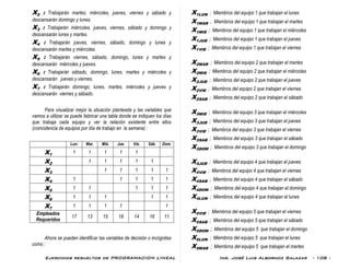 Ejercicios resueltos de PROGRAMACION LINEAL Ing. José Luis Albornoz Salazar - 108 -
X2 : Trabajarán martes, miércoles, jueves, viernes y sábado y
descansarán domingo y lunes.
X3 : Trabajarán miércoles, jueves, viernes, sábado y domingo y
descansarán lunes y martes.
X4 : Trabajarán jueves, viernes, sábado, domingo y lunes y
descansarán martes y miércoles.
X5 : Trabajarán viernes, sábado, domingo, lunes y martes y
descansarán miércoles y jueves.
X6 : Trabajarán sábado, domingo, lunes, martes y miércoles y
descansarán jueves y viernes.
X7 : Trabajarán domingo, lunes, martes, miércoles y jueves y
descansarán viernes y sábado.
Para visualizar mejor la situación planteada y las variables que
vamos a utilizar se puede fabricar una tabla donde se indiquen los días
que trabaja cada equipo y ver la relación existente entre ellos
(coincidencia de equipos por día de trabajo en la semana) :
Lun. Mar. Mié. Jue. Vie. Sáb. Dom.
X1 1 1 1 1 1
X2
1 1 1 1 1
X3 1 1 1 1 1
X4 1 1 1 1 1
X5
1 1 1 1 1
X6 1 1 1 1 1
X7 1 1 1 1 1
Empleados
Requeridos
17 13 15 18 14 16 11
Ahora se pueden identificar las variables de decisión o incógnitas
como :
X1LUN ; Miembros del equipo 1 que trabajan el lunes
X1MAR ; Miembros del equipo 1 que trabajan el martes
X1MIE ; Miembros del equipo 1 que trabajan el miércoles
X1JUE ; Miembros del equipo 1 que trabajan el jueves
X1VIE ; Miembros del equipo 1 que trabajan el viernes
X2MAR ; Miembros del equipo 2 que trabajan el martes
X2MIE ; Miembros del equipo 2 que trabajan el miércoles
X2JUE ; Miembros del equipo 2 que trabajan el jueves
X2VIE ; Miembros del equipo 2 que trabajan el viernes
X2SAB ; Miembros del equipo 2 que trabajan el sábado
X3MIE ; Miembros del equipo 3 que trabajan el miércoles
X3JUE ; Miembros del equipo 3 que trabajan el jueves
X3VIE ; Miembros del equipo 3 que trabajan el viernes
X3SAB ; Miembros del equipo 3 que trabajan el sábado
X3DOM ; Miembros del equipo 3 que trabajan el domingo
X4JUE ; Miembros del equipo 4 que trabajan el jueves
X4VIE ; Miembros del equipo 4 que trabajan el viernes
X4SAB ; Miembros del equipo 4 que trabajan el sábado
X4DOM ; Miembros del equipo 4 que trabajan el domingo
X4LUN ; Miembros del equipo 4 que trabajan el lunes
X5VIE ; Miembros del equipo 5 que trabajan el viernes
X5SAB ; Miembros del equipo 5 que trabajan el sábado
X5DOM ; Miembros del equipo 5 que trabajan el domingo
X5LUN ; Miembros del equipo 5 que trabajan el lunes
X5MAR ; Miembros del equipo 5 que trabajan el martes
 