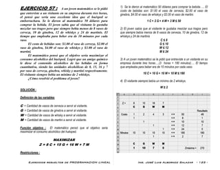 Ejercicios resueltos de PROGRAMACION LINEAL Ing. José Luis Albornoz Salazar - 123 -
EJERCICIO 57 : A un joven matemático se le pidió
que entreviste a un visitante en su empresa durante tres horas,
el pensó que sería una excelente idea que el huésped se
emborrachara. Se le dieron al matemático 50 dólares para
comprar la bebida. El joven sabía que al visitante le gustaba
mezclar sus tragos pero que siempre bebía menos de 8 vasos de
cerveza, 10 de ginebra, 12 de whiskys y 24 de martinis. El
tiempo que empleaba para beber era de 10 minutos por cada
vaso.
El costo de bebidas son: $1.00 el vaso de cerveza, $2.00 el
vaso de ginebra, $4.00 el vaso de whiskys y $3.00 el vaso de
martini.
El matemático pensó que el objetivo sería maximizar el
consumo alcohólico del huésped. Logró que un amigo químico
le diese el contenido alcohólico de las bebidas en forma
cuantitativa, siendo las unidades alcohólicas de 8, 15, 16 y 7
por vaso de cerveza, ginebra, whisky y martini respectivamente.
El visitante siempre bebía un mínimo de 2 whiskys.
¿Cómo resolvió el problema el joven?
SOLUCIÓN :
Definición de las variables
C = Cantidad de vasos de cerveza a servir al visitante.
G = Cantidad de vasos de ginebra a servir al visitante.
W = Cantidad de vasos de whisky a servir al visitante.
M = Cantidad de vasos de martini a servir al visitante.
Función objetivo : El matemático pensó que el objetivo seria
maximizar el consumo alcohólico del huésped.
MAXIMIZAR
Z = 8 C + 15 G + 16 W + 7 M
Restricciones :
1) Se le dieron al matemático 50 dólares para comprar la bebida….. El
costo de bebidas son: $1.00 el vaso de cerveza, $2.00 el vaso de
ginebra, $4.00 el vaso de whiskys y $3.00 el vaso de martini.
1 C + 2 G + 4 W + 3 M ≤ 50
2) El joven sabía que al visitante le gustaba mezclar sus tragos pero
que siempre bebía menos de 8 vasos de cerveza, 10 de ginebra, 12 de
whiskys y 24 de martinis
C ≤ 8
G ≤ 10
W ≤ 12
M ≤ 24
3) A un joven matemático se le pidió que entreviste a un visitante en su
empresa durante tres horas….(3 horas = 180 minutos)…. El tiempo
que empleaba para beber era de 10 minutos por cada vaso.
10 C + 10 G + 10 W + 10 M ≤ 180
4) El visitante siempre bebía un mínimo de 2 whiskys.
W ≥ 2
 