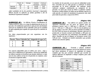 Ejercicios resueltos de PROGRAMACION LINEAL Ing. José Luis Albornoz Salazar - 13 -
Presión de
Vapor
Octanaje Inventario
(barri/sem)
Costo por
barril ($)
Nacional 25 87 40.000 8,00
Importado 15 98 60.000 15,00
¿Qué cantidades de los dos petróleos (nacional e importado)
deberá mezclar la refinería en ambas gasolinas a fín de
maximizar la ganancia semanal?
(Pàgina 102)
EJERCICIO 48 : La Oficina Técnica Coordinadora de
Cultivos (OTCC), tiene a su cargo la administración de tres (3)
parcelas. El rendimiento agrícola de cada parcela está limitado
tanto por la cantidad de tierra cultivable como por la cantidad
de agua asignada para regadío de la parcela por la comisión de
aguas.
Los datos proporcionados por este organismo son los
siguientes:
Las espacies disponibles para el cultivo son: arroz , trigo y
maíz, pero el Ministerio de Agricultura y Tierras ha establecido
un número máximo de hectáreas que pueden dedicarse a cada
uno de estos cultivos en las tres (3) parcelas en conjunto, como
lo muestra la siguiente tabla :
Especie Consumo de
agua (m3
/ha)
Cuota máxima
(ha)
Ganancia neta
($/ha)
Arroz 3 600 400
Trigo 2 500 300
Maíz 1 325 200
Los dueños de las parcelas, en un acto de solidaridad social,
han convenido que en cada parcela se sembrará el mismo
porcentaje de su tierra cultivable. Sin embargo, puede
cultivarse cualquier combinación en cualquiera de las
parcelas. La tarea que encara la OTCC es plantear cuántas
hectáreas se deben dedicar al cultivo de las distintas especies en
cada parcela, de modo de maximizar la ganancia neta total
para todas las parcelas a cargo de la OTCC.
(Pàgina 104)
EJERCICIO 49 : Una fábrica de zapatos predice las
siguientes demandas por sus pares de zapatos para los
próximos 6 meses : mes 1 = 200; mes 2 = 260; mes 3 = 240;
mes 4 = 340; mes 5 = 190; mes 6 = 150. El costo de fabricar un
par de zapatos es de US$ 7,00 con horas normales de trabajo y
de US$ 11,00 con horas de sobretiempo. Durante cada mes, la
producción en horario normal está limitada a 200 pares de
zapatos y la producción con sobretiempo está limitada a 100
pares. Guardar un par de Zapatos en inventario cuesta US$
1,00 por mes. Formule un modelo matemático que permita
obtener una solución óptima.
(Pàgina 107)
EJERCICIO 50 : Formula y plantea mediante
programación lineal el siguiente caso de una oficina de correos
que desea minimizar el número de empleados de tiempo
completo que hay que contratar sabiendo que necesita un
número diferente de empleados a tiempo completo, para cada
día de la semana.
Día
Empleados
Requeridos
Día 1 = Lunes 17
Día 2 = Martes 13
Día 3 = Miércoles 15
Día 4 = Jueves 18
 