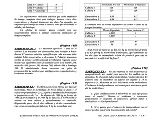 Ejercicios resueltos de PROGRAMACION LINEAL Ing. José Luis Albornoz Salazar - 14 -
Día 5 = Viernes 14
Día 6 = Sábado 16
Día 7 = Domingo 11
Los reglamentos sindicales señalan que cada empleado
de tiempo completo tiene que trabajar durante cinco días
consecutivos, y después descansar dos días. Por ejemplo, un
empleado que trabaja de lunes a viernes, tiene que descansar el
sábado y el domingo.
La oficina de correos quiere cumplir con sus
requerimientos diarios y utilizar solamente empleados de
tiempo completo.
(Pàgina 110)
EJERCICIO 51 : El Sheraton opera los 7 días de la
semana. Las mucamas son contratadas para trabajar 6 horas
diarias. El contrato colectivo especifica que cada mucama debe
trabajar 5 días consecutivos y descansar 2. Todas las mucamas
reciben el mismo sueldo semanal. El Sheraton requiere como
mínimo las siguientes horas de servicio: lunes 150, martes 200,
miércoles 400, jueves 300, viernes 700, sábado 800 y domingo
300. El administrador desea encontrar un plan de
programación de empleos que satisfaga estos requerimientos y
a un costo mínimo.
(Pàgina 113)
EJERCICIO 52 : Una firma comercial fabrica dos tipos de
mermelada. Para la mermelada de fresa utiliza la fruta y el
azúcar en proporciones 2 a 3, y para la mermelada de manzana
la proporción es de 1 a 1. Se dispone de 1000 kg de fresas, de
1500 kg de manzanas y de 3000 kg de azúcar. La mermelada se
elabora en una caldera y posteriormente es envasada,
disponiendo para ello de dos calderas y de dos envasadoras.
Las horas necesarias para fabricar 1 kg de mermelada son:
Mermelada de Fresa Mermelada de Manzana
Caldera A 0,6 0,9
Caldera B 0,9 0,9
Envasadora A 0,01 0,02
Envasadora B 0,04 0,03
El número total de horas disponibles así como el coste de su
uso por hora son:
Horas disponibles Coste por hora (€)
Caldera A 1.000 8
Caldera B 5.000 4
Envasadora A 100 90
Envasadora B 50 40
Si el precio de venta es de 15€ por kg de mermelada de fresa
y de 12€ por kg de mermelada de manzana, ¿qué cantidades de
los dos tipos de mermelada se han de producir para que se
maximice el beneficio de la firma?
(Pàgina 116)
EJERCICIO 53 : En una empresa se está discutiendo la
composición de un comité para negociar los sueldos con la
dirección. En el comité habrá sindicalistas e independientes. El
número total de miembros no deberá ser inferior a 10 ni
superior a 20. Al menos un 40% del comité serán sindicalistas.
El número de independientes será como poco una cuarta parte
del de sindicalistas.
a. ¿Qué combinaciones de miembros de cada tipo puede
tener el comité?. Plantea el problema y representa
gráficamente el conjunto de soluciones. ¿Puede haber 4
sindicalistas y 16 independientes?.
b. Si se quiere que el número de independientes sea el
mayor posible, ¿cuál será la composición del comité?
 