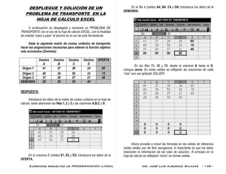 Ejercicios resueltos de PROGRAMACION LINEAL Ing. José Luis Albornoz Salazar - 146 -
DESPLIEGUE Y SOLUCIÓN DE UN
PROBLEMA DE TRANSPORTE EN LA
HOJA DE CÁLCULO EXCEL
A continuación se desplegará y resolverá un PROBLEMA DE
TRANSPORTE con el uso de la hoja de cálculo EXCEL, con la finalidad
de orientar “paso a paso” al alumno en el uso de esta herramienta:
Dada la siguiente matriz de costos unitarios de transporte,
hacer las asignaciones necesarias para obtener la función objetivo
más económica (Zmínima):
Destino
A
Destino
B
Destino
C
Destino
D
OFERTA
Origen 1 41 27 28 24 60
Origen 2 40 29 50 23 15
Origen 3 37 30 27 21 45
DEMANDA 20 30 30 40
RESPUESTA:
Introduzca los datos de la matriz de costos unitarios en la hoja de
cálculo, estos abarcarán las filas 1, 2 y 3 y las columnas A,B,C y D.
En la columna E (celdas E1, E2 y E3) introduzca los datos de la
OFERTA.
En la fila 4 (celdas A4, B4, C4 y D4) introduzca los datos de la
DEMANDA.
En las filas 11, 12 y 13, desde la columna A hasta la D,
coloque ceros. En estas celdas se reflejarán las soluciones de cada
“ruta” una vez aplicado SOLVER.
Ahora proceda a incluir las fórmulas en las celdas de referencia
(estas celdas son de libre escogencia, lo importante es que los datos
relacionen la información de las rutas de solución). Al principio en la
hoja de cálculo se reflejarán “ceros” en dichas celdas.
 