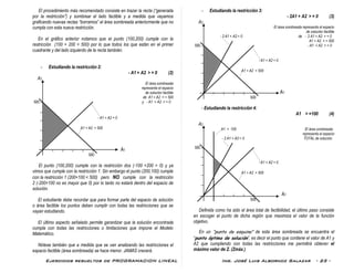 Ejercicios resueltos de PROGRAMACION LINEAL Ing. José Luis Albornoz Salazar - 23 -
El procedimiento más recomendado consiste en trazar la recta (“generada
por la restricción”) y sombrear el lado factible y a medida que vayamos
graficando nuevas rectas “borramos” el área sombreada anteriormente que no
cumpla con esta nueva restricción.
En el gráfico anterior notamos que el punto (100,200) cumple con la
restricción (100 + 200 < 500) por lo que todos los que están en el primer
cuadrante y del lado izquierdo de la recta también.
- Estudiando la restricción 2:
- A1 + A2 > = 0 (2)
A2
El área sombreada
representa el espacio
de solución factible
de A1 + A2 < = 500
500 y - A1 + A2 > = 0
- A1 + A2 = 0
A1 + A2 = 500
A1
500
El punto (100,200) cumple con la restricción dos (-100 +200 > 0) y ya
vimos que cumple con la restricción 1. Sin embargo el punto (200,100) cumple
con la restricción 1 (200+100 < 500) pero NO cumple con la restricción
2 (-200+100 no es mayor que 0) por lo tanto no estará dentro del espacio de
solución.
El estudiante debe recordar que para formar parte del espacio de solución
o área factible los puntos deben cumplir con todas las restricciones que se
vayan estudiando.
El último aspecto señalado permite garantizar que la solución encontrada
cumpla con todas las restricciones o limitaciones que impone el Modelo
Matemático.
Nótese también que a medida que se van analizando las restricciones el
espacio factible (área sombreada) se hace menor. JAMAS crecerá.
- Estudiando la restricción 3:
- 2A1 + A2 > = 0 (3)
A2
El área sombreada representa el espacio
de solución factible
- 2 A1 + A2 = 0 de - 2 A1 + A2 > = 0
A1 + A2 < = 500
500 - A1 + A2 > = 0
- A1 + A2 = 0
A1 + A2 = 500
A1
500
- Estudiando la restricción 4:
A1 > =100 (4)
A2
A1 = 100 El área sombreada
representa el espacio
- 2 A1 + A2 = 0 TOTAL de solución
500
- A1 + A2 = 0
A1 + A2 = 500
A1
500
Definida como ha sido el área total de factibilidad, el último paso consiste
en escoger el punto de dicha región que maximiza el valor de la función
objetivo.
En un “punto de esquina” de esta área sombreada se encuentra el
“punto óptimo de solución”, es decir el punto que contiene el valor de A1 y
A2 que cumpliendo con todas las restricciones me permitirá obtener el
máximo valor de Z. (Zmáx.)
 