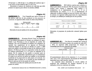 Ejercicios resueltos de PROGRAMACION LINEAL Ing. José Luis Albornoz Salazar - 3 -
150 del tipo 1 y 200 del tipo 2. La utilidad del sombrero tipo 1
es de $ 8,oo y la del sombrero tipo 2 es de $ 5,oo.
Determinar el número de sombreros de cada tipo que debe
producir la empresa para obtener la máxima utilidad.
(Pàgina 41)
EJERCICIO 7 : Una Compañía que opera 10 horas al
día fabrica cada uno de dos productos en tres procesos en
secuencia. La siguiente tabla resume los datos del problema:
Minutos por unidad
Producto Proceso 1 Proceso 2 Proceso 3 Utilidad
Producto 1 10 6 8 $ 2,00
Producto 2 5 20 10 $ 3,00
Determine la mezcla óptima de los dos productos:
(Pàgina 42)
EJERCICIO 8 : Wyoming Electric Coop. Es propietaria
de una planta generadora de energía con turbinas de vapor,
debido a que Wyoming es rica en depósitos de carbón. Sin
embargo, esto crea el problema de satisfacer los estándares de
emisión. Las regulaciones de la Agencia de Protección
Ambiental limitan la descarga de dióxido de azufre a 2000
partes por millón y la descarga de humo de las chimeneas de la
planta a 20 libras por hora. La cooperativa recibe dos grados
de carbones pulverizados, C1 y C2, para ser utilizados en la
planta. Por lo común, los dos grados se mezclan antes de
quemarlos. Por simplicidad, supondremos que el contaminante
de azufre de la mezcla (en partes por millón) es un promedio
ponderado de la proporción de cada grado en la mezcla. Los
siguientes datos se basan en el consumo de una tonelada por
hora de cada uno de los dos grados de carbón:
Determine la producción óptima para mezclar los dos
grados de carbón:
(Pàgina 45)
EJERCICIO 9 : BGC fabrica camisas para caballeros y
blusas para damas al almacén WD. El proceso de producción
incluye corte, costura y empacado. BGC emplea a 25
trabajadores en el departamento de corte, a 35 en el
departamento de costura y a 5 en el departamento de
empacado. La fábrica trabaja un turno de 8 horas, sólo 5 días a
la semana. La siguiente tabla proporciona los requerimientos
de tiempo y la utilidad por unidad para las dos prendas.
-------------------------------------------------------------------------------------
Minutos por unidad x trabajador
--------------------------------------------------------------------------------------------------------------------------------
Prenda Corte Costura Empacado Utilidad
Camisas 20 70 12 $ 2,50
Blusas 60 60 4 $ 3,20
---------------------------------------------------------------------------------------------------------
Determine el programa de producción semanal óptimo para
BGC:
(Pàgina 46)
EJERCICIO 10 : Una línea de ensamble que consta de
tres estaciones consecutivas produce dos modelos de radio HF1
y HF2. La siguiente tabla proporciona los tiempos de
ensamblaje para las tres estaciones de trabajo.
Minutos por unidad
Estación de trabajo HF1 HF2
1 6 4
2 5 5
3 4 6
El mantenimiento diario de las estaciones 1, 2 y 3 consume
10%, 14% y 12%, respectivamente, del máximo de 480 minutos
disponibles para cada estación, cada día.
La compañía desea determinar la mezcla óptima de
productos que minimizará los tiempos inactivos (o no
utilizados) en las tres estaciones de trabajo.
 