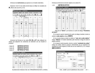Ejercicios resueltos de PROGRAMACION LINEAL Ing. José Luis Albornoz Salazar - 31 -
Introduzca las restricciones que aparecen en el modelo matemático.
Introduzca “ceros” en las celdas donde desea se reflejen los resultados de
M y S (en este caso B12 y C12).
Introduzca las fórmulas en las celdas G5, G6, y G7; ellas reflejarán los
valores que adquieren las condiciones de restricción una vez resuelto el
problema.
- Celda G5 =B5*B12+C5*C12
- Celda G6 =B6*B12+C6*C12
- Celda G7 =B7*B12+C7*C12
Introduzca la fórmula de la función objetivo en la celda G12.
- G12 =B3*B12+C3*C12
Haga clic en “Solver” y se mostrará un cuadro de diálogo “Parámetros
de Solver”.
En el espacio superior izquierdo del cuadro de diálogo mostrado, donde se
solicita la celda objetivo coloque $G$12.
En los círculos blancos donde se solicita el “valor de la celda objetivo”
indique “Máximo”. El modelo matemático pide maximizar Z.(haga clic sobre la
palabra máximo).
En el espacio central izquierdo, donde se solicita “cambiando las celdas”
indique las celdas donde se propuso anteriormente que se mostraran los
resultados de cada incógnita. En este caso son las celdas B12 y C12, coloque
$B$12:$C$12.
 