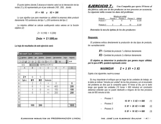 Ejercicios resueltos de PROGRAMACION LINEAL Ing. José Luis Albornoz Salazar - 41 -
El punto óptimo (donde Z alcanza el máximo valor) es la intersección de las
rectas (1) y (4) representado por el par ordenado (100 , 200) , donde:
X1 = 100 y X2 = 200
Lo que significa que para maximizar su utilidad la empresa debe producir
diariamente 100 sombreros del tipo 1 y 200 sombreros del tipo 2.
La máxima utilidad se calcula sustituyendo estos valores en la función
objetivo (Z):
Z = 8 (100) + 5 (200)
Zmáx = $ 1.800,oo
La hoja de resultados de este ejercicio será:
EJERCICIO 7 : Una Compañía que opera 10 horas al
día fabrica cada uno de dos productos en tres procesos en secuencia.
La siguiente tabla resume los datos del problema:
Minutos por unidad
Producto Proceso 1 Proceso 2 Proceso 3 Utilidad
Producto 1 10 6 8 $ 2,00
Producto 2 5 20 10 $ 3,00
Determine la mezcla óptima de los dos productos:
Respuesta:
El problema enfoca directamente la producción de dos tipos de producto,
las variables serán:
X1 = Cantidad de producto 1 a fabricar diariamente.
X2 = Cantidad de producto 2 a fabricar diariamente.
El objetivo es determinar la producción que genera mayor utilidad,
por lo que el MPL quedará expresado como:
MAXIMIZAR Z = 2 X1 + 3 X2
Sujeta a las siguientes restricciones:
Es muy importante el enfoque que se haga de las unidades de trabajo, en
la tabla se indican “minutos por unidad” de los tres procesos y en el enunciado
del problema se dice que la compañía opera 10 horas al día, por lo tanto
tengo que igualar las unidades (10 horas = 600 minutos) en conclusión
debemos entender que no puedo dedicarle a ninguno de los tres procesos
más de 600 minutos al día:
- Proceso 1:
10 X1 + 5 X2 < = 600 (1)
- Proceso 2
6 X1 + 20 X2 < = 600 (2)
- Proceso 3:
8 X1 + 10 X2 < = 600 (3)
 