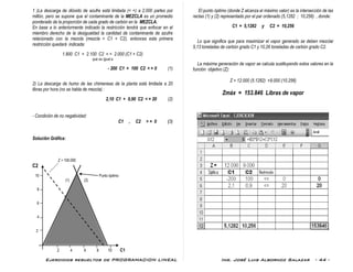 Ejercicios resueltos de PROGRAMACION LINEAL Ing. José Luis Albornoz Salazar - 44 -
1 )La descarga de dióxido de azufre está limitada (< =) a 2.000 partes por
millón, pero se supone que el contaminante de la MEZCLA es un promedio
ponderado de la proporción de cada grado de carbón en la MEZCLA.
En base a lo anteriormente indicado la restricción tendrá que enfocar en el
miembro derecho de la desigualdad la cantidad de contaminante de azufre
relacionado con la mezcla (mezcla = C1 + C2), entonces esta primera
restricción quedará indicada:
1.800 C1 + 2.100 C2 < = 2.000 (C1 + C2)
que es igual a
- 200 C1 + 100 C2 < = 0 (1)
2) La descarga de humo de las chimeneas de la planta está limitada a 20
libras por hora (no se habla de mezcla) :
2,10 C1 + 0,90 C2 < = 20 (2)
- Condición de no negatividad:
C1 , C2 > = 0 (3)
Solución Gráfica:
Z = 100.000
C2
10 Punto óptimo
(1) (2)
8
6
4
2
2 4 6 8 10 C1
El punto óptimo (donde Z alcanza el máximo valor) es la intersección de las
rectas (1) y (2) representado por el par ordenado (5,1282 ; 10,256) , donde:
C1 = 5,1282 y C2 = 10,256
Lo que significa que para maximizar el vapor generado se deben mezclar
5,13 toneladas de carbón grado C1 y 10,26 toneladas de carbón grado C2.
La máxima generación de vapor se calcula sustituyendo estos valores en la
función objetivo (Z):
Z = 12.000 (5.1282) +9.000 (10.256)
Zmáx = 153.846 Libras de vapor
 