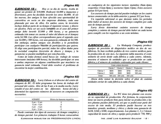 Ejercicios resueltos de PROGRAMACION LINEAL Ing. José Luis Albornoz Salazar - 6 -
(Pàgina 60)
EJERCICIO 18 : Hoy es su día de suerte. Acaba de
ganar un premio de $10.000. Dedicará $4.000 a impuestos y
diversiones, pero ha decidido invertir los otros $6.000. Al oír
las nuevas, dos amigos le han ofrecido una oportunidad de
convertirse en socio en dos empresas distintas, cada una
planeada por uno de ellos. En ambos casos, la inversión
incluye dedicar parte de su tiempo el siguiente verano y dinero
en efectivo. Para ser un socio completo en el caso del primer
amigo debe invertir $5.000 y 400 horas, y su ganancia
estimada (sin tomar en cuenta el valor del dinero en el tiempo)
sería $4.500. Las cifras correspondientes para el segundo caso
son $4.000 y 500 horas, con una ganancia estimada de $4.500.
Sin embargo, ambos amigos son flexibles y le permitirán
participar con cualquier fracción de participación que quiera.
Si elige una participación parcial, todas las cifras dadas para
la sociedad completa (inversión de dinero y tiempo, y la
ganancia) se pueden multiplicar por esta fracción.
Como de todas formas usted busca un trabajo de verano
interesante (máximo 600 horas), ha decidido participar en una
o ambas empresas en alguna combinación que maximice su
ganancia total estimada. Usted debe resolver el problema de
encontrar la mejor combinación.
(Pàgina 62)
EJERCICIO 19 : Larry Edison es el director del centro de
cómputo de BC. Él debe programar las horas de trabajo del
personal del centro. Abre de las 8 am a la media noche. Larry
estudió el uso del centro en las diferentes horas del día y
determinó los siguientes números de asesores en computación
necesarios:
-------------------------------------------------------------------------------------
HORARIO Mínimo de Asesores requeridos
8 am – 12 am 4
12 am – 4 pm 8
4 pm - 8 pm 10
8 pm – 12 pm 6
Puede contratar dos tipos de asesores: de tiempo completo y
de tiempo parcial. Los primeros trabajan 8 horas consecutivas
en cualquiera de los siguientes turnos: matutino (8am-4pm),
vespertino (12am-8pm) y nocturno (4pm-12pm). Estos asesores
ganan $14 por hora.
Los asesores de tiempo parcial pueden trabajar en los cuatro
turnos enumerados en la tabla anterior y ganan $12 por hora.
Un requisito adicional es que durante todos los períodos
debe haber al menos dos asesores de tiempo completo por cada
uno de tiempo parcial.
Larry desea determinar cuántos asesores de tiempo
completo y cuántos de tiempo parcial debe haber en cada turno
para cumplir con los requisitos a un costo mínimo.
(Pàgina 63)
EJERCICIO 20 : La Medequip Company produce
equipos de precisión de diagnóstico médico en dos de sus
fábricas. Se han recibido pedidos de tres centros médicos para
la producción de este mes. La siguiente tabla muestra el costo
unitario de envío desde cada fábrica a cada centro. Además,
muestra el número de unidades que se producirán en cada
fábrica y el número de unidades ordenadas por cada cliente:
Costo unitario de envío
Cliente 1 Cliente 2 Cliente 3 Producción
Fábrica 1 $600 $800 $700 400 unid.
Fábrica 2 $400 $900 $600 500 unid.
Orden 300 unid. 200 unid. 400 unid.
Ahora debe tomar la decisión sobre el plan de cuántas
unidades enviar de cada fábrica a cada cliente.
(Pàgina 65)
EJERCICIO 21 : La WC tiene tres plantas con exceso
en su capacidad de producción. Por fortuna, la corporación
tiene un nuevo producto listo para iniciar su producción y las
tres plantas pueden fabricarlo, así que se podrá usar parte del
exceso de este modo. El producto puede hacerse en tres
tamaños: grande, mediano y chico; y darán una ganancia de
$420, $360 y $300, respectivamente. Las plantas 1, 2 y 3 tienen
capacidad de mano de obra y equipo para producir 750, 900 y
 