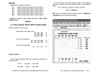Ejercicios resueltos de PROGRAMACION LINEAL Ing. José Luis Albornoz Salazar - 64 -
Respuesta:
Identificando las variables de decisión:
A1 = Equipos enviados desde la fábrica 1 hasta el cliente 1.
A2 = Equipos enviados desde la fábrica 1 hasta el cliente 2.
A3 = Equipos enviados desde la fábrica 1 hasta el cliente 3.
B1 = Equipos enviados desde la fábrica 2 hasta el cliente 1.
B2 = Equipos enviados desde la fábrica 2 hasta el cliente 2.
B3 = Equipos enviados desde la fábrica 2 hasta el cliente 3.
Tomando en cuenta el costo unitario de envío, el MPL quedará
expresado como:
MINIMIZAR
Z = 600 A1+ 800 A2+ 700 A3+ 400 B1+ 900 B2+ 600 B3
Sujeta a las siguientes restricciones:
- Requerimiento de los clientes (orden):
A1 + B1 = 300 (1)
A2 + B2 = 200 (2)
A3 + B3 = 400 (3)
- Producción de cada fábrica:
A1 + A2 + A3 = 400 (4)
B1 + B2 + B3 = 500 (5)
- Condición de no negatividad:
Ai , Bi > = 0 (6)
Solución no gráfica:
Al utilizar cualquier programa de MPL para computadoras obtendremos la
siguiente solución:
A1 = 0 A2 = 200 A3 = 200
B1 = 300 B2 = 0 B3 = 200
Es decir, de la fábrica 1 envío 200 unidades al cliente 2 y 200 unidades al
cliente 3; de la fábrica 2 envío 300 unidades al cliente 1 y 200 unidades al
cliente 3.
Zmín = 800 (200) + 700 (200) + 400 (300) + 600 (200)
Zmín = $ 540.000,oo
Nota: Este tipo de problemas puede ser resuelto utilizando el “Método de
Transporte” que será estudiado más adelante.
 