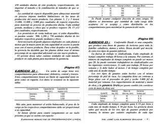 Ejercicios resueltos de PROGRAMACION LINEAL Ing. José Luis Albornoz Salazar - 7 -
450 unidades diarias de este producto, respectivamente, sin
importar el tamaño o la combinación de tamaños de que se
trate.
La cantidad de espacio disponible para almacenar material
en proceso impone también limitaciones en las tasas de
producción del nuevo producto. Las plantas 1, 2 y 3 tienen
13.000, 12.000 y 5.000 pies cuadrados de espacio respectivo,
para material en proceso de producción diaria. Cada unidad
grande, mediana y chica que se produce requiere 20, 15 y12
pies cuadrados, respectivamente.
Los pronósticos de venta indican que, si están disponibles,
se pueden vender 900, 1.200 y 750 unidades diarias de los
tamaños respectivos grande, mediano y chico.
Será necesario despedir algunos empleados en cada planta a
menos que la mayor parte de esta capacidad en exceso se pueda
usar con el nuevo producto. Para evitar despidos en lo posible,
la gerencia ha decidido que las plantas deben usar el mismo
porcentaje de su capacidad adicional con este nuevo producto.
El gerente desea saber cuántas unidades de cada tamaño
producir en cada planta para maximizar la ganancia.
(Pàgina 67)
EJERCICIO 22 : Un avión de carga tiene tres
compartimientos para almacenar: delantero, central y trasero.
Estos compartimientos tienen un límite de capacidad tanto en
peso como en espacio. Los datos se resumen en la siguiente
tabla:
Compartimiento Capacidad de Capacidad de
Peso (ton.) espacio (m3)
Delantero 12 7.000
Central 18 9.000
Trasero 10 5.000
Más aún, para mantener el avión balanceado, el peso de la
carga en los respectivos compartimientos debe ser proporcional
a su capacidad.
Se tienen ofertas para cuatro cargamentos en un vuelo
próximo ya que se cuenta con espacio:
Carga Peso (ton) Volumen (m3/ton) Ganancia ($/ton)
1 20 500 320
2 16 700 400
3 25 600 360
4 13 400 290
Se Puede aceptar cualquier fracción de estas cargas. El
objetivo es determinar que cantidad de cada carga debe
aceptarse (si se acepta) y cómo distribuirla en los
compartimientos para maximizar la ganancia del vuelo.
(Pàgina 69)
EJERCICIO 23 : Confortable Hands es una compañía
que produce una línea de guantes de invierno para toda la
familia: caballeros, damas y niños. Desea decidir qué mezcla
de estos tres tipos de guantes fabricar.
La fuerza de trabajo es sindicalizada. Cada empleado de
tiempo completo trabaja 40 horas a la semana. Por contrato, el
número de empleados de tiempo completo no puede ser menos
que 20. Se puede contratar trabajadores no sindicalizados con
las siguientes restricciones; 1) cada uno trabaja 20 horas por
semana y 2) debe haber al menos 2 de tiempo completo por
cada uno de medio tiempo.
Los tres tipos de guantes están hechos con el mismo
porcentaje de piel de vaca. La compañía tiene un contrato a
largo plazo con el proveedor de piel y recibe 5.000 ft2 de
material por semana. Los requerimientos de material y mano
de obra, y la ganancia bruta por guante vendido (sin considerar
costo de mano de obra) son:
Material Mano de Ganancia
GUANTE req. (ft2) obra req. (min) bruta(x par)
Caballero 2 30 $ 8
Damas 1.5 45 $ 10
Niños 1 40 $ 6
Cada empleado de tiempo completo gana $ 13 por hora y
cada uno de medio tiempo, $ 10 por hora. La gerencia desea
saber qué mezcla de los tres tipo de guantes producir por
semana, lo mismo que cuántos empleados de cada tipo
 