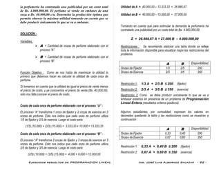 Ejercicios resueltos de PROGRAMACION LINEAL Ing. José Luis Albornoz Salazar - 92 -
la perfumería ha contratado una publicidad por un costo total
de Bs. 4.000.000,00. El perfume se vende en embases de una
onza a Bs. 40.000,00 c/u. Determine la producción óptima que
permita obtener la máxima utilidad tomando en cuenta que se
debe producir únicamente lo que se va a embasar.
SOLUCIÓN :
Variables :
 A = Cantidad de onzas de perfume elaborado con el
proceso “A”.
 B = Cantidad de onzas de perfume elaborado con el
proceso “B”.
Función Objetivo : Como se nos habla de maximizar la utilidad lo
primero que debemos hacer es calcular la utilidad de cada onza de
perfume.
Si tomamos en cuenta que la utilidad es igual al precio de venta menos
el precio de costo, y ya conocemos el precio de venta (Bs. 40.000,00),
solo nos falta conocer el precio de costo.
Costo de cada onza de perfume elaborado con el proceso “A” :
El proceso “A” transforma 1 onza de fijador y 2 onzas de esencia en 3
onzas de perfume. Esto nos indica que cada onza de perfume utiliza
1/3 de fijador y 2/3 de esencia. Luego el costo será:
(1/3).(10.000) + (2/3).(15.000) = 3.333,33 + 10.000 = 13.333,33
Costo de cada onza de perfume elaborado con el proceso “B” :
El proceso “A” transforma 2 onzas de fijador y 3 onzas de esencia en 5
onzas de perfume. Esto nos indica que cada onza de perfume utiliza
2/5 de fijador y 3/5 de esencia. Luego el costo será:
(2/5).(10.000) + (3/5).(15.000) = 4.000 + 9.000 = 13.000,00
Utilidad de A = 40.000,00 – 13.333,33 = 26.666,67
Utilidad de B = 40.000,00 – 13.000,00 = 27.000,00
Tomando en cuenta que para estimular la demanda la perfumería ha
contratado una publicidad por un costo total de Bs. 4.000.000,00.
Z = 26.666,67 A + 27.000 B – 4.000.000,00
Restricciones : Se recomienda elaborar una tabla donde se refleje
toda la información disponible para visualizar mejor las restricciones del
problema.
A B Disponibilidad
Onzas de Fijador 1/3 2/5 200
Onzas de Esencia 2/3 3/5 350
Restricción 1: 1/3 A + 2/5 B ≤ 200 (fijador)
Restricción 2: 2/3 A + 3/5 B ≤ 350 (esencia)
Restricción 3: Como se debe producir únicamente lo que se va a
embasar estamos en presencia de un problema de Programación
Lineal Entera (resultados enteros positivos).
Algunos estudiantes, por comodidad, expresan los valores en
decimales quedando la tabla y las restricciones como se muestran a
continuación :
A B Disponibilidad
Onzas de Fijador 0,33 0,40 200
Onzas de Esencia 0,67 0,60 350
Restricción 1: 0,33 A + 0,40 B ≤ 200 (fijador)
Restricción 2: 0,67 A + 0,60 B ≤ 350 (esencia)
 