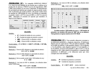 EJERCICIOS RESUELTOS DE PROGRAMACION LINEAL Ing. José Luis Albornoz Salazar - 13 -
PROBLEMA 10 : La compañía ESPECIAS INDIAN
C.A., tiene un stock limitado de dos hierbas que se utilizan en la
producción de aderezos. INDIAN usa los dos ingredientes, HB1
y HB2, para producir ya sea curry o pimentón. El departamento
de mercadotecnia informa que aunque la empresa puede vender
todo el pimentón que pueda producir, sólo puede vender hasta
un máximo de 1500 botellas de curry. Las hierbas no utilizadas
se pueden vender a $375 la onza de HB1 y a $167 la onza de
HB2. Determine él consumo de especias que maximice el
ingreso de la Empresa.
SOLUCIÓN :
Variables :
 C = Cantidad de botellas de curry a producir.
 P = Cantidad de botellas de pimentón a producir.
 HB1 = Onzas de HB1 no utilizadas a vender.
 HB2 = Onzas de HB2 no utilizadas a vender.
Función objetivo: Z = 2.750 C + 1.300 P + 375 HB1 + 167 HB2
Restricciones:
Restricción 1 : Onzas de HB1 utilizadas en cada botella de aderezo :
5 C + 2 P ≤ 10.000
Restricción 2 : Onzas de HB2 utilizadas en cada botella de aderezo :
3 C + 3 P ≤ 8.500
Restricción 3 : Solo se pueden vender hasta 1.500 botellas de curry :
C ≤ 1.500
Restricción 4 : Las onzas de HB1 no utilizadas y las utilizadas deben
sumar 10.000 onzas :
HB1 + 5 C + 2 P = 10.000
Restricción 5 : Las onzas de HB2 no utilizadas y las utilizadas deben
sumar 8.500 onzas :
HB2 + 3 C + 3 P = 8.500
Se deben producir 1.500 botellas de curry y 1.250 botellas de
pimentón y se venderán 250 onzas de “HB2” que no se utilizaron.
Todo generará un ingreso máximo de $ 5.791.750,00.
PROBLEMA 11 : Unos grandes almacenes encargan a
un fabricante pantalones y chaquetas deportivas. El fabricante
dispone para la confección de 750 m de tejido de algodón y 1000
m de tejido de poliéster. Cada pantalón requiere 1 m de algodón
y 2 m de poliéster, cada chaqueta requiere 1,5 m de algodón y 1
m de poliéster. El precio del pantalón se fija en 50 € y el de la
chaqueta en 40 €. ¿Qué número de pantalones y chaquetas debe
suministrar el fabricante a los almacenes para que éstos
consigan una venta máxima?
SOLUCIÓN :
Variables : P = Cantidad de pantalones a suministrar.
C = Cantidad de chaquetas a suministrar.
Función Objetivo : Z = 50 P + 40 C (venta a maximizar)
 