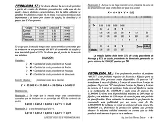EJERCICIOS RESUELTOS DE PROGRAMACION LINEAL Ing. José Luis Albornoz Salazar - 18 -
PROBLEMA 17 : Se desea obtener la mezcla de petróleo
a partir de crudos de distintas procedencias, cada uno de los
cuales tienen distintas características. En la tabla adjunta se
detallan los distintos crudos (4 en total) y sus características más
importantes : el tanto por ciento de azufre, la densidad y el
precio por TM en pesetas.
Se exige que la mezcla tenga unas características concretas que
se traducen en un porcentaje del 40% de contenido de azufre y
una densidad igual al 91%. Se desea que el precio de la mezcla
sea mínimo.
SOLUCIÓN :
Variables :
 K = Cantidad de crudo procedente de Kuwait.
 A = Cantidad de crudo procedente de Arabia.
 N = Cantidad de crudo procedente de Noruega.
 V = Cantidad de crudo procedente de Venezuela.
Función Objetivo : (minimizar costo de la mezcla)
Z = 35.000 K + 31.000 A + 39.000 N + 34.000 V
Restricciones :
Restricción 1: Se exige que la mezcla tenga unas características
concretas que se traducen en un porcentaje del 40% de contenido de
azufre
0,45 K + 0,40 A + 0,38 N + 0,41 V = 0,40
Restricción 2: y una densidad igual al 91%.
0,91 K + 0,95 A + 0,89 N + 0,92 V = 0,91
Restricción 3: Aunque no se haga mención en el problema, la suma de
las proporciones de cada crudo debe ser igual a la unidad.
K + A + N + V = 1,00
La mezcla óptima debe tener 33% de crudo procedente de
Noruega y 67% de crudo procedente de Venezuela generando un
gasto mínimo de 35.666,67 pesetas por TM.
PROBLEMA 18 : Una perfumería produce el perfume
“OXES”. Este perfume requiere de Esencia y Fijador para su
producción. Dos procesos están disponibles. El proceso “A”
transforma 1 onza de fijador y 2 onzas de esencia en 3 onzas de
perfume. El proceso “B” transforma 2 onzas de fijador y 3 onzas
de esencia en 5 onzas de perfume. Cada onza de fijador le cuesta
a la perfumería Bs. 10.000,00 y cada onza de esencia Bs.
15.000,00. Se tiene una disponibilidad máxima de 200 onzas de
fijador y un máximo de 350 onzas de esencia para este período
de planificación. Para estimular la demanda la perfumería ha
contratado una publicidad por un costo total de Bs.
4.000.000,00. El perfume se vende en embases de una onza a Bs.
40.000,00 c/u. Determine la producción óptima que permita
obtener la máxima utilidad tomando en cuenta que se debe
producir únicamente lo que se va a embasar.
 