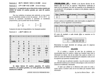 EJERCICIOS RESUELTOS DE PROGRAMACION LINEAL Ing. José Luis Albornoz Salazar - 21 -
Restricción 3: 85 P + 100 M + 125 G ≤ 12.500 (clavos)
Restricción 4: 3 P + 5 M + 6 G ≤ 530 (horas de trabajo)
Restricción 5: La experiencia que se tiene de las ventas muestra que
mínimo se venden 25 cuadros grandes por cada 60 cuadros
pequeños.
Sea muy cuidadoso al expresar esta restricción, es muy común
que los estudiantes cometan el error de expresar 25 G ≥ 60 P. Lo
correcto es expresarlo recordando lo aprendido en bachillerato
(proporciones) y que se puede hacer de dos maneras:
Cualquiera de estas dos desigualdades al ser despejada quedará :
Restricción 5: – 25 P + 60 G ≥ 0
Se deben fabricar 60 cuadros pequeños, 40 cuadros
medianos y 25 cuadros grandes y su venta generará una utilidad
máxima de $ 3.845,00.
PROBLEMA 20 : Debido a las fuertes lluvias de los
últimos días en el sur, la empresa “Stop-lluvia” dedicada al
rubro de los paraguas, ha visto un aumento en la demanda de
sus productos. Los paraguas se arman en dos plantas, según la
siguiente tabla:
Cuatro cadenas de multitiendas están interesadas en adquirir los
paraguas, con las siguientes características :
El costo de traslado a cada tienda (fijo) se muestra en la
siguiente tabla :
Determinar la mejor decisión de entrega, para la empresa
productora de paraguas.
SOLUCIÒN:
En el análisis y solución de este tipo de problemas es
recomendable hacer los cuadros o tablas que muestren mejor toda la
información de interés. Una de las tablas más usada es similar a la
matriz de costos del método de transporte pero adaptada a cada uno de
los aspectos que queremos visualizar mejor.
En este caso en particular resultaría muy útil conocer la utilidad
que obtendrá la fábrica por la venta de cada paragua a cada una de las 4
cadenas de multitiendas interesadas.
Al saber que utilidad es la diferencia entre precio de venta y
costos vamos a construir cada una de las tablas que muestren dicha
información:
 