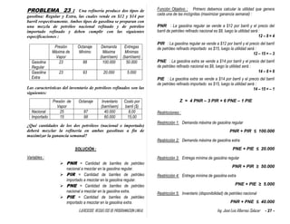 EJERCICIOS RESUELTOS DE PROGRAMACION LINEAL Ing. José Luis Albornoz Salazar - 27 -
PROBLEMA 23 : Una refinería produce dos tipos de
gasolina: Regular y Extra, las cuales vende en $12 y $14 por
barril respectivamente. Ambos tipos de gasolina se preparan con
una mezcla de petróleo nacional refinado y de petróleo
importado refinado y deben cumplir con las siguientes
especificaciones :
Presión
Máxima de
Vapor
Octanaje
Mínimo
Demanda
Máxima
(barri/sem)
Entregas
Mínimas
(barri/sem)
Gasolina
Regular
23 88 100.000 50.000
Gasolina
Extra
23 93 20.000 5.000
Las características del inventario de petróleos refinados son las
siguientes:
Presión de
Vapor
Octanaje Inventario
(barri/sem)
Costo por
barril ($)
Nacional 25 87 40.000 8,00
Importado 15 98 60.000 15,00
¿Qué cantidades de los dos petróleos (nacional e importado)
deberá mezclar la refinería en ambas gasolinas a fín de
maximizar la ganancia semanal?
SOLUCIÓN :
Variables :
 PNR = Cantidad de barriles de petróleo
nacional a mezclar en la gasolina regular.
 PIR = Cantidad de barriles de petróleo
importado a mezclar en la gasolina regular.
 PNE = Cantidad de barriles de petróleo
nacional a mezclar en la gasolina extra.
 PIE = Cantidad de barriles de petróleo
importado a mezclar en la gasolina extra.
Función Objetivo : Primero debemos calcular la utilidad que genera
cada una de las incógnitas (maximizar ganancia semanal) :
PNR : La gasolina regular se vende a $12 por barril y el precio del
barril de petróleo refinado nacional es $8, luego la utilidad será :
12 – 8 = 4
PIR : La gasolina regular se vende a $12 por barril y el precio del barril
de petróleo refinado importado es $15, luego la utilidad será :
12 – 15 = – 3
PNE : La gasolina extra se vende a $14 por barril y el precio del barril
de petróleo refinado nacional es $8, luego la utilidad será :
14 – 8 = 6
PIE : La gasolina extra se vende a $14 por barril y el precio del barril
de petróleo refinado importado es $15, luego la utilidad será :
14 – 15 = – 1
Z = 4 PNR – 3 PIR + 6 PNE – 1 PIE
Restricciones :
Restricción 1: Demanda máxima de gasolina regular
PNR + PIR ≤ 100.000
Restricción 2: Demanda máxima de gasolina extra
PNE + PIE ≤ 20.000
Restricción 3: Entrega mínima de gasolina regular
PNR + PIR ≥ 50.000
Restricción 4: Entrega mínima de gasolina extra
PNE + PIE ≥ 5.000
Restricción 5: Inventario (disponibilidad) de petróleo nacional
PNR + PNE ≤ 40.000
 