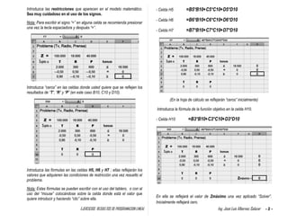 EJERCICIOS RESUELTOS DE PROGRAMACION LINEAL Ing. José Luis Albornoz Salazar - 2 -
Introduzca las restricciones que aparecen en el modelo matemático.
Sea muy cuidadoso en el uso de los signos.
Nota: Para escribir el signo “=” en alguna celda se recomienda presionar
una vez la tecla espaciadora y después “=”.
Introduzca “ceros” en las celdas donde usted quiere que se reflejen los
resultados de “T”, “R” y “P” (en este caso B10, C10 y D10).
Introduzca las fórmulas en las celdas H5, H6 y H7 ; ellas reflejarán los
valores que adquieren las condiciones de restricción una vez resuelto el
problema.
Nota: Estas fórmulas se pueden escribir con el uso del tablero, o con el
uso del “mouse” colocándose sobre la celda donde está el valor que
quiere introducir y haciendo “clic” sobre ella.
- Celda H5 =B5*B10+C5*C10+D5*D10
- Celda H6 =B6*B10+C6*C10+D6*D10
- Celda H7 =B7*B10+C7*C10+D7*D10
(En la hoja de cálculo se reflejarán “ceros” inicialmente)
Introduzca la fórmula de la función objetivo en la celda H10.
- Celda H10 =B3*B10+C3*C10+D3*D10
En ella se reflejará el valor de Zmáximo una vez aplicado “Solver”.
Inicialmente reflejará cero.
 