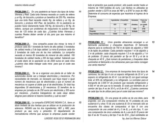 EJERCICIOS RESUELTOS DE PROGRAMACION LINEAL Ing. José Luis Albornoz Salazar - 44 -
máximo interés anual?
PROBLEMA 7 : En una pastelería se hacen dos tipos de tortas:
Vienesa y Real. Cada torta Vienesa necesita un cuarto de relleno
y un Kg. de bizcocho y produce un beneficio de 250 Pts, mientras
que una torta Real necesita medio Kg. de relleno y un Kg. de
bizcocho y produce 400 Ptas. de beneficio. En la pastelería se
pueden hacer diariamente hasta 150 Kg. de bizcocho y 50 Kg. de
relleno, aunque por problemas de maquinaria no pueden hacer
mas de 125 tortas de cada tipo. ¿Cuántas tortas Vienesas y
cuantas Reales deben vender al día para que sea máximo el
beneficio?
11
PROBLEMA 8 : Una compañía posee dos minas: la mina A
produce cada día 1 tonelada de hierro de alta calidad, 3 toneladas
de calidad media y 5 de baja calidad. La mina B produce cada día
2 toneladas de cada una de las tres calidades. La compañía
necesita al menos 80 toneladas de mineral de alta calidad, 160
toneladas de calidad media y 200 de baja calidad. Sabiendo que
el coste diario de la operación es de 2000 euros en cada mina
¿cuántos días debe trabajar cada mina para que el coste sea
mínimo?.
11
PROBLEMA 9 : Se va a organizar una planta de un taller de
automóviles donde van a trabajar electricistas y mecánicos. Por
necesidades de mercado, es necesario que haya mayor o igual
número de mecánicos que de electricistas y que el número de
mecánicos no supere al doble que el de electricistas. En total hay
disponibles 30 electricistas y 20 mecánicos. El beneficio de la
empresa por jornada es de 250 euros por electricista y 200 euros
por mecánico. ¿Cuántos trabajadores de cada clase deben
elegirse para obtener el máximo beneficio y cuál es este?
12
PROBLEMA 10 : La compañía ESPECIAS INDIAN C.A., tiene un
stock limitado de dos hierbas que se utilizan en la producción de
aderezos. INDIAN usa los dos ingredientes, HB1 y HB2, para
producir ya sea curry o pimentón. El departamento de
mercadotecnia informa que aunque la empresa puede vender
13
todo el pimentón que pueda producir, sólo puede vender hasta un
máximo de 1500 botellas de curry. Las hierbas no utilizadas se
pueden vender a $375 la onza de HB1 y a $167 la onza de HB2.
Determine él consumo de especias que maximice el ingreso de la
Empresa.
PROBLEMA 11 : Unos grandes almacenes encargan a un
fabricante pantalones y chaquetas deportivas. El fabricante
dispone para la confección de 750 m de tejido de algodón y 1000
m de tejido de poliéster. Cada pantalón requiere 1 m de algodón y
2 m de poliéster, cada chaqueta requiere 1,5 m de algodón y 1 m
de poliéster. El precio del pantalón se fija en 50 € y el de la
chaqueta en 40 €. ¿Qué número de pantalones y chaquetas debe
suministrar el fabricante a los almacenes para que éstos consigan
una venta máxima?
13
PROBLEMA 12 : Una empresa de transportes tiene dos tipos de
camiones, los del tipo A con un espacio refrigerado de 20 m3 y un
espacio no refrigerado de 40 m3. Los del tipo B, con igual cubicaje
total, al 50% de refrigerado y no refrigerado. La contratan para el
transporte de 3.000 m3 de producto que necesita refrigeración y
4.000 m3 de otro que no la necesita. El costo por kilómetro de un
camión del tipo A es de 30 € y el B de 40 €. ¿Cuántos camiones
de cada tipo ha de utilizar para que el coste total sea mínimo?
14
PROBLEMA 13 : En una granja de pollos se da una dieta, para
engordar, con una composición mínima de 15 unidades de una
sustancia A y otras 15 de una sustancia B. En el mercado sólo se
encuentra dos clases de compuestos: el tipo X con una
composición de una unidad de A y 5 de B, y el otro tipo, Y, con
una composición de cinco unidades de A y una de B. El precio del
tipo X es de 10 euros y del tipo Y es de 30 €. ¿Qué cantidades se
15
 