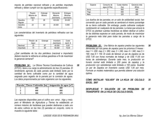 EJERCICIOS RESUELTOS DE PROGRAMACION LINEAL Ing. José Luis Albornoz Salazar - 47 -
mezcla de petróleo nacional refinado y de petróleo importado
refinado y deben cumplir con las siguientes especificaciones :
Presión
Máxima de
Vapor
Octanaje
Mínimo
Demanda
Máxima
(barri/sem)
Entregas
Mínimas
(barri/sem)
Gasolina
Regular
23 88 100.000 50.000
Gasolina
Extra
23 93 20.000 5.000
Las características del inventario de petróleos refinados son las
siguientes:
Presión de
Vapor
Octanaje Inventario
(barri/sem)
Costo
barril $
Nacional 25 87 40.000 8,00
Importado 15 98 60.000 15,00
¿Qué cantidades de los dos petróleos (nacional e importado)
deberá mezclar la refinería en ambas gasolinas a fín de maximizar
la ganancia semanal?
PROBLEMA 24 : La Oficina Técnica Coordinadora de Cultivos
(OTCC), tiene a su cargo la administración de tres (3) parcelas. El
rendimiento agrícola de cada parcela está limitado tanto por la
cantidad de tierra cultivable como por la cantidad de agua
asignada para regadío de la parcela por la comisión de aguas.
Los datos proporcionados por este organismo son los siguientes:
Las espacies disponibles para el cultivo son: arroz , trigo y maíz,
pero el Ministerio de Agricultura y Tierras ha establecido un
número máximo de hectáreas que pueden dedicarse a cada uno
de estos cultivos en las tres (3) parcelas en conjunto, como lo
muestra la siguiente tabla :
28
Especie Consumo de
agua (m3/ha)
Cuota máxima
(ha)
Ganancia neta
($/ha)
Arroz 3 600 400
Trigo 2 500 300
Maíz 1 325 200
Los dueños de las parcelas, en un acto de solidaridad social, han
convenido que en cada parcela se sembrará el mismo porcentaje
de su tierra cultivable. Sin embargo, puede cultivarse cualquier
combinación en cualquiera de las parcelas. La tarea que encara la
OTCC es plantear cuántas hectáreas se deben dedicar al cultivo
de las distintas especies en cada parcela, de modo de maximizar
la ganancia neta total para todas las parcelas a cargo de la
OTCC.
PROBLEMA 25 : Una fábrica de zapatos predice las siguientes
demandas por sus pares de zapatos para los próximos 6 meses :
mes 1 = 200; mes 2 = 260; mes 3 = 240; mes 4 = 340; mes 5 =
190; mes 6 = 150. El costo de fabricar un par de zapatos es de
US$ 7,00 con horas normales de trabajo y de US$ 11,00 con
horas de sobretiempo. Durante cada mes, la producción en
horario normal está limitada a 200 pares de zapatos y la
producción con sobretiempo está limitada a 100 pares. Guardar
un par de Zapatos en inventario cuesta US$ 1,00 por mes.
Formule un modelo matemático que permita obtener una solución
óptima.
30
CÓMO INSTALAR “SOLVER” EN LA HOJA DE CÁLCULO
EXCEL 2007
35
DESPLIEGUE Y SOLUCIÓN DE UN PROBLEMA DE
TRANSPORTE EN LA HOJA DE CÁLCULO EXCEL
37
 