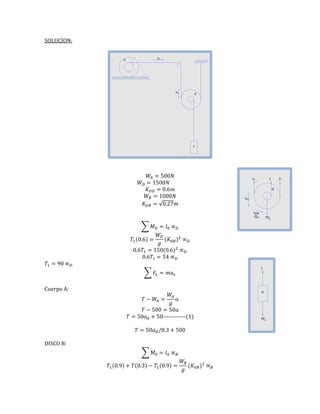 SOLUCION:
500
500
0.
000
√0.2
∑
0.
0. 50 0.
0. 5
0
∑
Cuerpo A:
500 50
50 50------------(1)
50 0. 500
DISCO B:
∑
0. 0. 0.
 