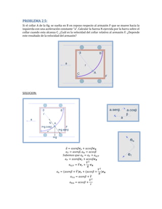 PROBLEMA 2.5:
Si el collar A de la fig. se suelta en B en reposo respecto al armazón F que se mueve hacia la
izquierda con una aceleración constante “a”. Calcular la fuerza N ejercida por la barra sobre el
collar cuando esta alcanza C. ¿Cuál es la velocidad del collar relativa al armazón F. ¿Depende
este resultado de la velocidad del armazón?
SOLUCION:
⃗
̇
̇
̇
 