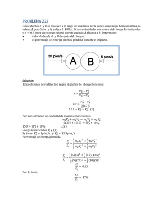 PROBLEMA 2.23
Dos esferitas y se mueven a lo largo de una línea recta sobre una rampa horizontal lisa, la
esfera pesa 5 y la esfera 0 . Si sus velocidades son antes del choque las indicadas
y 0. para un choque central directo cuando alcanza a . Determinar
 velocidades de después del choque
 el porcentaje de energía cinética perdida durante el impacto.
Solución:
El coeficiente de restitución según el grafico de choque tenemos:
0.
20 5
0.5 …
Por conservación de cantidad de movimiento tenemos:
5 20 0 5 5 0
50 5 0 … 2
Luego resolviendo (1) y (2)
Se tiene: y .5
Porcentaje de energía perdida.
5 0 .5
5 20 0 5
0.
Por lo tanto:
 