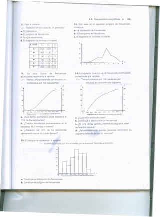 1.3 Representaciones graficas                                         •             3S

n. Para         la variable:                                                                                   12. Con base en el siguiente poligono de frecuencias,
l(    = "Duracion (en minutos) de 38 pellculas".                                                               construya:
a. EI histograma.                                                                                              a. La distribucion de frecuencias.
b. EI poligono de frecuencias.                                                                                 b. EI histograma de frecuencias
e. La ojiva ascendente.                                                                                        c. EI diagrama de sectores circulares.
d. EI diagrama de sectores circulares.
                ClASE                    LrI              i;            It
                      A                 104.5          109.5             2
                      B                 109.5          114.5             7
                      C                 114.5          11°.5             9
                      0                 119.5          124.5             8
                      E                 124.5          129.5            10                                                                       44       '1      l'        11       61

                      F                 129.5          134.5             2

13.       La          ojiva             (curva                  de        frecuencias                            14. La siguiente ojiva (curva de frecuencias acumuladas)
acumuladas) representa la variable:                                                                              corresponde a la variable:
X = "Tiempo de permanencia (en minutos) en                                                                          X    =      "Tiempo utilizados por 200 personas (en
     la biblioteca por 160 estudiantes".                                                                                                         minutos) en consumir una caguama.

r,                                                                                     I,'"                                    r.                                                                                             I"  I


                                                                                                                                                                                                                                      100
                                                                                                                               100
                                                                                        1118
'60

                                                                                                                                                                                                                                  7S
                                                                                           7S                                  ISO
'l'
                                                                                        10                                     100                                                                                                so

                                                                                           n                                    SO                                                                                                15




         )1.1   scs     II.S     1M      6<.1      14.1    84.S 9<.5         IIU.S                                                               14.$     N.S     u.s      SM      64.S     U.S     , ...5   94.5
         l1urtpOS.    p«".,."lIlfCltt   nt   "LII BfbllOltco"   d.- JM ullldialllll'                                                              nempo ,.tlll,adD     po' IOf /andJicM   ,n COIISI4"u,   ."f"   C'_'MOIfUI


a. <.,Quetiempo permanecio en la biblioteca el                                                                    a. iCu81 es el ancho de clase?
75% de los estudiantes?                                                                                           b. Construya la dlstribuclon de frecuencias.
b. <.,Cuantos estudiantes permanecieron en la                                                                     c. <.,EI 40% de las personas termino su caguama antes
biblioteca 50.5 mlnutos 0 menos?                                                                                  de cuantos minutos?
c. iAlrededor                  del       50%              de los estudiantes                                      d. iAproximadamente                                      cuantas personas terminaron                                       su
permaneci6 menos de cuanto tiempo?                                                                                caguama despues de los 50 minutos?


15. EI histograma representa la variable:
                  X = Nurnero de pizzas por dla enviadas por la sucursal Tezontle a domicilio.
                                                                              I.  ,
                                                                             ISO                               r--

                                                                           11.!


                                                                             100                         r--

                                                                             71            r--


                                                                                                   f--

                                                                             11


                                                                                   0   cs        II.S    ,U    1M       11.$
                                                                                                               "MIIIu .. J~ff'iciJl.
                                                                                                                                     )',$
                                                                                                                                                  n
                                                                                                                                                44.1     JJ.!
                                                                                                                                            "tffJllCJItfMT«tIM*
                                                                                       "
a. Construya la distribucion de frecuencias.
b. Construya el pollgono de frecuencias.
 