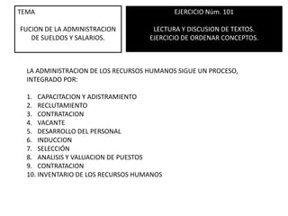 TEMA FUCION DE LA ADMINISTRACION DE SUELDOS Y SALARIOS. EJERCICIO Núm. 101 LECTURA Y DISCUSION DE TEXTOS. EJERCICIO DE ORDENAR CONCEPTOS. LA ADMINISTRACION DE LOS RECURSOS HUMANOS SIGUE UN PROCESO, INTEGRADO POR: CAPACITACION Y ADISTRAMIENTO RECLUTAMIENTO CONTRATACION  VACANTE DESARROLLO DEL PERSONAL INDUCCION SELECCIÓN ANALISIS Y VALUACION DE PUESTOS  CONTRATACION INVENTARIO DE LOS RECURSOS HUMANOS 