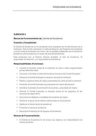 Comprometido con la Excelencia
EJERCICIO 2
Manual de Funcionamiento de: Comité de Excelencia
Creación y Composición
El Comité de Excelencia se ha constituido como propuesta del Comité Directivo de la
Institución. Este Comité representa la institucionalización del Programa de Excelencia
y durará hasta la finalización del mismo. Se ha quedado establecido que el Comité de
Excelencia será formado por un equipo del área de planificación.
Está compuesto por: el Director General (invitado), el líder de Excelencia, El
responsable de redacción, y el responsable de Estadísticas.
Responsabilidades (Funciones):
 Levantar la situación actual de la institución en base a datos proporcionados
por las diferentes áreas.
 Convocar y concretar el orden del día de las reuniones del Comité Evaluador.
 Presentar al Comité Evaluador la situación actual de la institución.
 Recibir y organizar ideas de mejora presentadas por parte de todo el personal.
 Presentar al Comité Evaluador las propuestas de mejora del personal.
 Coordinar el proceso de priorización de acciones y propuestas de mejora.
 Informar al Comité Evaluador la situación actual de los proyectos en las
reuniones de seguimiento.
 Comunicar los objetivos y resultados de los planes de mejora.
 Coordinar el apoyo de los líderes institucionales en los proyectos.
 Gestionar el conocimiento de excelencia.
 Fomentar la cultura de excelencia.
 Reconocer el esfuerzo de los Equipos de Excelencia.
Normas de Funcionamiento:
 El Comité de Excelencia ha de marcar sus objetivos con temporalización de
manera periódica.
 
