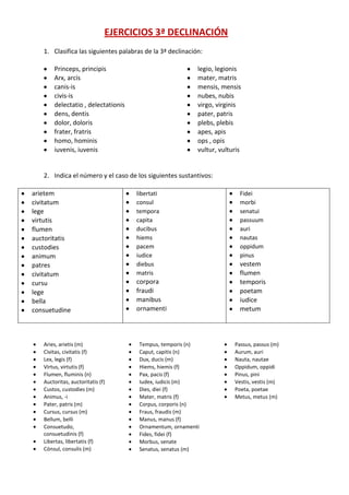 EJERCICIOS 3ª DECLINACIÓN
1. Clasifica las siguientes palabras de la 3ª declinación:
Princeps, principis
Arx, arcis
canis-...