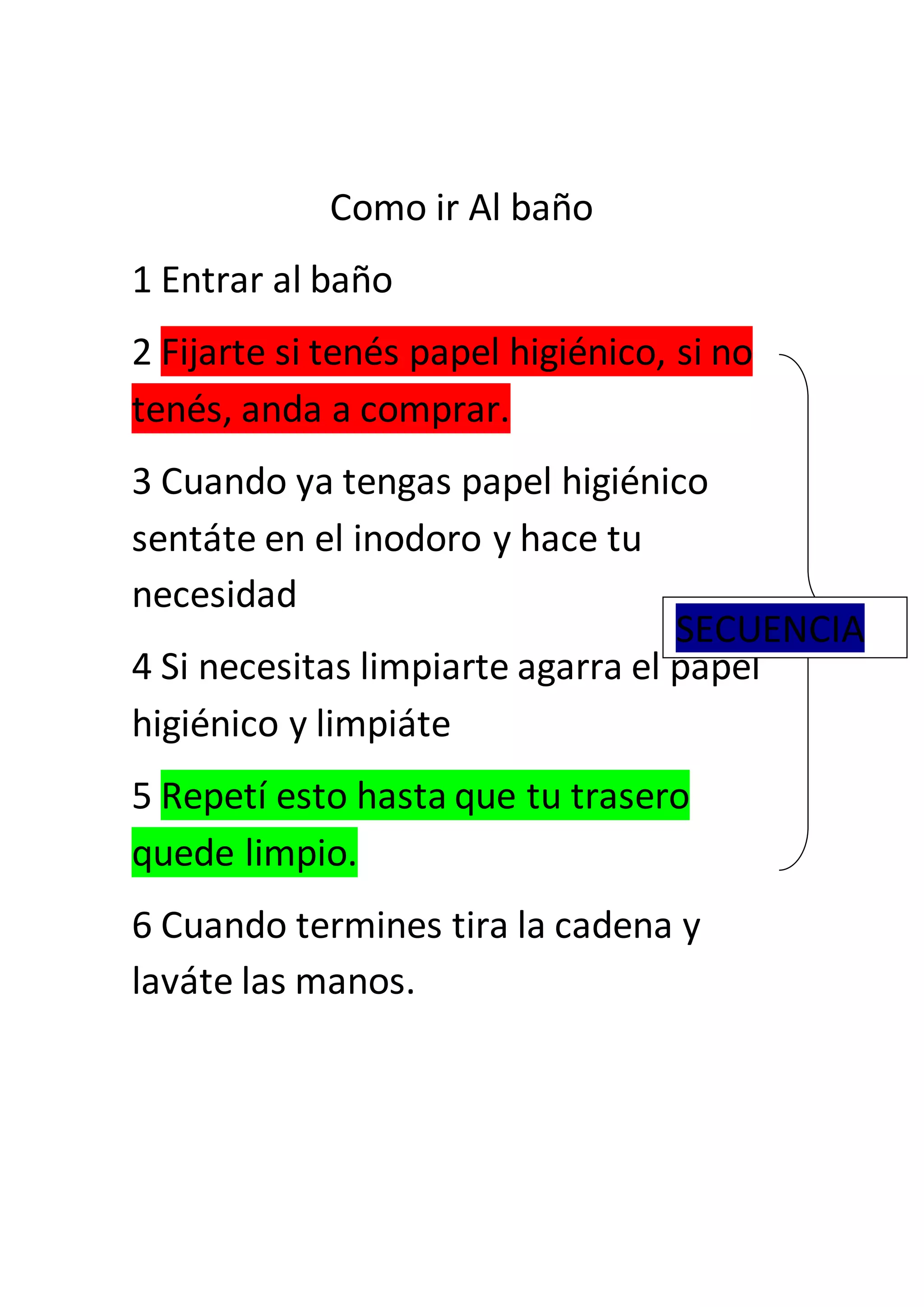 Como ir Al baño
1 Entrar al baño
2 Fijarte si tenés papel higiénico, si no
tenés, anda a comprar.
3 Cuando ya tengas papel higiénico
sentáte en el inodoro y hace tu
necesidad
4 Si necesitas limpiarte agarra el papel
higiénico y limpiáte
5 Repetí esto hasta que tu trasero
quede limpio.
6 Cuando termines tira la cadena y
laváte las manos.
SECUENCIA
 