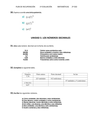 PLAN DE RECUPERACIÓN 1ª EVALUACIÓN MATEMÁTICAS 2º ESO
30. Expresa usando una única potencia.
UNIDAD 3. LOS NÚMEROS DECIMALES
31. Une cada número decimal con la forma de escribirlo.
32. Completa la siguiente tabla.
33. Escribe los siguientes números.
 