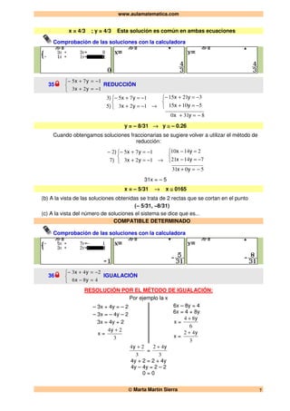 www.aulamatematica.com
© Marta Martín Sierra 7
x = 4/3 ; y = 4/3 Esta solución es común en ambas ecuaciones
Comprobación de las soluciones con la calculadora
35



−=+
−=+−
123
175
yx
yx
REDUCCIÓN



−=+
−=+−
123
175
5
3
yx
yx
)
)
→
8310
51015
32115
−=+



−=+
−=+−
yx
yx
yx
y = – 8/31 → y ≅ – 0.26
Cuando obtengamos soluciones fraccionarias se sugiere volver a utilizar el método de
reducción:



−=+
−=+−−
123
175
7
2
yx
yx
)
)
→
5031
71421
21410
−=+



−=−
=−
yx
yx
yx
31x = – 5
x = – 5/31 → x ≅ 0165
(b) A la vista de las soluciones obtenidas se trata de 2 rectas que se cortan en el punto
(– 5/31, –8/31)
(c) A la vista del número de soluciones el sistema se dice que es...
COMPATIBLE DETERMINADO
Comprobación de las soluciones con la calculadora
36



=−
−=+−
486
243
yx
yx
IGUALACIÓN
RESOLUCIÓN POR EL MÉTODO DE IGUALACIÓN:
Por ejemplo la x
– 3x + 4y = – 2
– 3x = – 4y – 2
3x = 4y + 2
x =
3
24 +y
6x – 8y = 4
6x = 4 + 8y
x =
6
84 y+
x =
3
42 y+
3
24 +y
=
3
42 y+
4y + 2 = 2 + 4y
4y – 4y = 2 – 2
0 = 0
 