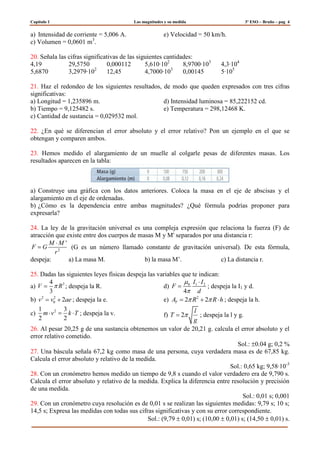 Capítulo 1 Las magnitudes y su medida 3º ESO – Bruño – pag 4
a) Intensidad de corriente = 5,006 A.
c) Volumen = 0,0601 m3
.
e) Velocidad = 50 km/h.
20. Señala las cifras significativas de las siguientes cantidades:
4,19 29,5750 0,000112 5,610·102
8,9700·103
4,3·104
5,6870 3,2979·102
12,45 4,7000·103
0,00145 5·105
21. Haz el redondeo de los siguientes resultados, de modo que queden expresados con tres cifras
significativas:
a) Longitud = 1,235896 m.
b) Tiempo = 9,125482 s.
c) Cantidad de sustancia = 0,029532 mol.
d) Intensidad luminosa = 85,222152 cd.
e) Temperatura = 298,12468 K.
22. ¿En qué se diferencian el error absoluto y el error relativo? Pon un ejemplo en el que se
obtengan y comparen ambos.
23. Hemos medido el alargamiento de un muelle al colgarle pesas de diferentes masas. Los
resultados aparecen en la tabla:
a) Construye una gráfica con los datos anteriores. Coloca la masa en el eje de abscisas y el
alargamiento en el eje de ordenadas.
b) ¿Cómo es la dependencia entre ambas magnitudes? ¿Qué fórmula podrías proponer para
expresarla?
24. La ley de la gravitación universal es una compleja expresión que relaciona la fuerza (F) de
atracción que existe entre dos cuerpos de masas M y M' separados por una distancia r:
2
'M M
F G
r
(G es un número llamado constante de gravitación universal). De esta fórmula,
despeja: a) La masa M. b) la masa M’. c) La distancia r.
25. Dadas las siguientes leyes físicas despeja las variables que te indican:
a) 34
3
V R ; despeja la R.
b) 2 2
0 2v v ae ; despeja la e.
c) 21 3
2 2
m v k T ; despeja la v.
d) 0 1 2
4
I I
F
d
; despeja la I1 y d.
e) 2
2 2TA R R h ; despeja la h.
f) 2
l
T
g
; despeja la l y g.
26. Al pesar 20,25 g de una sustancia obtenemos un valor de 20,21 g. calcula el error absoluto y el
error relativo cometido.
Sol.: 0.04 g; 0,2 %
27. Una báscula señala 67,2 kg como masa de una persona, cuya verdadera masa es de 67,85 kg.
Calcula el error absoluto y relativo de la medida.
Sol.: 0,65 kg; 9,58·10-3
28. Con un cronómetro hemos medido un tiempo de 9,8 s cuando el valor verdadero era de 9,790 s.
Calcula el error absoluto y relativo de la medida. Explica la diferencia entre resolución y precisión
de una medida.
Sol.: 0,01 s; 0,001
29. Con un cronómetro cuya resolución es de 0,01 s se realizan las siguientes medidas: 9,79 s; 10 s;
14,5 s; Expresa las medidas con todas sus cifras significativas y con su error correspondiente.
Sol.: (9,79 0,01) s; (10,00 0,01) s; (14,50 0,01) s.
 