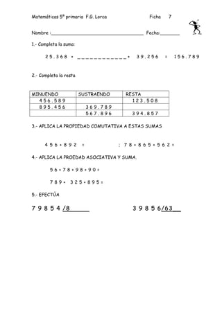 Matemáticas 5º primaria F.G. Lorca                 Ficha       7


Nombre :_________________________________ Fecha:_______

1.- Completa la suma:

      25.368 + ____________+                  39.256       =       156.789



2.- Completa la resta



MINUENDO                SUSTRAENDO       RESTA
  456.589                                  123.508
  895.456                    369.789
                             567.896        394.857

3.- APLICA LA PROPIEDAD COMUTATIVA A ESTAS SUMAS



      4 5 6 + 8 9 2      =             ; 7 8 + 8 6 5 + 5 6 2 =

4.- APLICA LA PROEDAD ASOCIATIVA Y SUMA.

        56+78+98+90=

        789+      325+895=

5.- EFECTÚA


7 9 8 5 4 /8                                3 9 8 5 6/63__
 