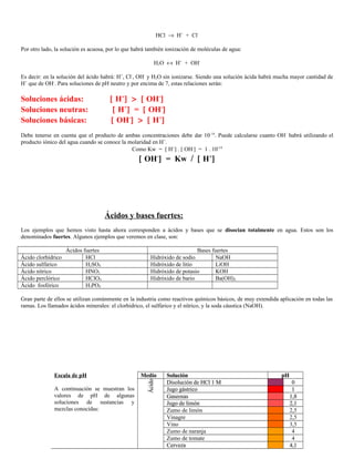 HCl → H+
+ Cl-
Por otro lado, la solución es acuosa, por lo que habrá también ionización de moléculas de agua:
H2O ↔ H+
+ OH-
Es decir: en la solución del ácido habrá: H+
, Cl-
, OH-
y H2O sin ionizarse. Siendo una solución ácida habrá mucha mayor cantidad de
H+
que de OH-
. Para soluciones de pH neutro y por encima de 7, estas relaciones serán:
Soluciones ácidas: [ H+
] > [ OH-
]
Soluciones neutras: [ H+
] = [ OH-
]
Soluciones básicas: [ OH-
] > [ H+
]
Debe tenerse en cuenta que el producto de ambas concentraciones debe dar 10-14
. Puede calcularse cuanto OH-
habrá utilizando el
producto iónico del agua cuando se conoce la molaridad en H+
.
Como Kw = [ H+
] . [ OH-
] = 1 . 10-14
[ OH-
] = Kw / [ H+
]
Ácidos y bases fuertes:
Los ejemplos que hemos visto hasta ahora corresponden a ácidos y bases que se disocian totalmente en agua. Estos son los
denominados fuertes. Algunos ejemplos que veremos en clase, son:
Ácidos fuertes Bases fuertes
Ácido clorhídrico HCl Hidróxido de sodio NaOH
Ácido sulfúrico H2SO4 Hidróxido de litio LiOH
Ácido nítrico HNO3 Hidróxido de potasio KOH
Ácido perclórico HClO4 Hidróxido de bario Ba(OH)2
Ácido fosfórico H3PO4
Gran parte de ellos se utilizan comúnmente en la industria como reactivos químicos básicos, de muy extendida aplicación en todas las
ramas. Los llamados ácidos minerales: el clorhídrico, el sulfúrico y el nítrico, y la soda cáustica (NaOH).
Escala de pH
A continuación se muestran los
valores de pH de algunas
soluciones de sustancias y
mezclas conocidas:
Medio Solución pH
Ácido
Disolución de HCl 1 M 0
Jugo gástrico 1
Gaseosas 1,8
Jugo de limón 2,1
Zumo de limón 2,5
Vinagre 2,5
Vino 3,5
Zumo de naranja 4
Zumo de tomate 4
Cerveza 4,1
 