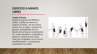 EJERCICIO A MANOS
LIBRES
Vuelta al frente:
Desde la posición de FIRME se
realiza cuclilla; las manos se
colocan al frente con los brazos
rectos; con un ligero impulso de
piernas, acompañado de una
flexión de los brazos manteniendo
los codos paralelos y la barbilla al
pecho se apoya la nuca hasta
rodar por la espalda con el tronco
semiflexionado e incorporarse
nuevamente a cuclilla.
 