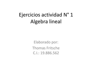 Ejercicios actividad N° 1
Algebra lineal
Elaborado por:
Thomas Fritsche
C.I.: 19.886.562
 