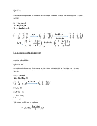 Ejercicio:
Resuelve el siguiente sistema de ecuaciones lineales atreves del método de Gauss-
Jordan.
3x1+6x2-6x3=9
2x1-5x2+4x3=6
5x1+28x2-26x3=-8
(
3 6 -6
2 -5 4
5 28 -26
|
9
6
-8
) (
1 2 -2
2 -5 4
5 28 -26
|
3
6
-8
) (
1 2 -2
0 -9 8
0 18 -16
|
3
0
-23
)
(
1 2 -2
0 1 - 8 9⁄
0 18 -16
|
3
0
-23
) (
1 0 - 2 9⁄
0 1 - 8 9⁄
0 0 0
|
3
0
-23
)
SEL es inconsistente, sin solución
Página 33 del libro.
Ejercicio 15:
Resuelve el siguiente sistema de ecuaciones lineales con el método de Gauss-
Jordan.
x1+2x2-4x3=4
-2x1-4x2+8x3=-8
(
1 2 -4
-2 -4 8
|
4
-8
) (
1 2 -4
0 0 0
|
4
0
)
x1+2x2-4x3
x1=4-2x2+4x3
x2=
4-x1+4x3
2
Solución: Múltiples soluciones
(4-2x2+4x3,
4-x1+4x3
2
, x3)
R1/3
R3=-5R1+R3
R2=2R1+R2
R3=-
18R2+R3
R1=-2R2+R1
R2/-9
R2=2R1+R2
 