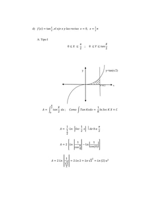 d) 푓(푥) = tan 
푥 
2 
, 푒푙 푒푗푒 푥 푦 푙푎푠 푟푒푐푡푎푠 푥 = 0, 푥 = 
1 
2 
휋 
A: Tipo I 
0 ≤ 푋 ≤ 
휋 
2 
; 0 ≤ 푌 ≤ 푡푎푛 
푋 
2 
y y=tan(x/2) 
x=π/2 x 
퐴 = ∫ 푡푎푛 
푋 
2 
휋 
2 
0 
푑푥 ; 퐶표푚표 ∫ 푇푎푛 퐾푥푑푥 = 
1 
퐾 
ln 푆푒푐 퐾 푋 + 퐶 
퐴 = 
1 
1 
2 
퐿푛 |푆푒푐 
1 
2 
푥| ⃒ 푑푒 0 푎 
휋 
2 
1 
cos 
퐴 = 2 [퐿푛 | 
휋 
4 
| − Ln | 
1 
|] 
cos(0) 
퐴 = 2 퐿푛 | 
1 
√2 
2 
| = 2 퐿푛 2 = 퐿푛 √2 
2 
= 퐿푛 (2) 푢2 
 
