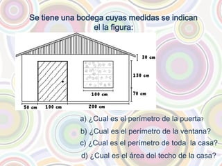 Se tiene una bodega cuyas medidas se indican
el la figura:
a) ¿Cual es el perímetro de la puerta?
b) ¿Cual es el perímetro de la ventana?
c) ¿Cual es el perímetro de toda la casa?
d) ¿Cual es el área del techo de la casa?