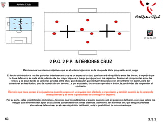 Athletic Club




                                                                                                                                   p 6 p.p.2 p.p int




                                         2 P.G. 2 P.P. INTERIORES CRUZ
                Mantenemos los mismos objetivos que en el anterior ejercicio, en la búsqueda de la progresión en el juego

 El hecho de introducir las dos porterías interiores en cruz es un aspecto táctico, que buscará el equilibrio entre las líneas, e impedirá que
   la línea defensiva se meta atrás, además de dar mayor riqueza al juego para jugar con los espacios. Buscará el compromiso entre las
     líneas, y es aquí donde se verán las ayudas entre ellas, para bascular, para reducir distancias con el contrario y el balón, para dar
  coberturas en los duelos, para la repartición del terreno…Y por supuesto, una vez recuperado el balón, la posibilidad de sorprender al
                                                                  contrario.

  Ejercicio que hace pensar a los jugadores cuando juegan con un equipo bien plantado y organizado, y también cuando se le sorprende
                                     desequilibrado y se tiene la posibilidad de conseguir el objetivo.

Por su parte, estas posibilidades defensivas, tenemos que trasladárselas al equipo cuando está en posesión del balón, para que valore los
     riesgos que determinados tipos de acciones pueden tener en zonas distintas. Asimismo, les haremos ver, que tengan previstas
                      alternativas defensivas, en el caso de pérdida del balón, ante la posibilidad de un contraataque.




63                                                                                                                                       3.3.2
 